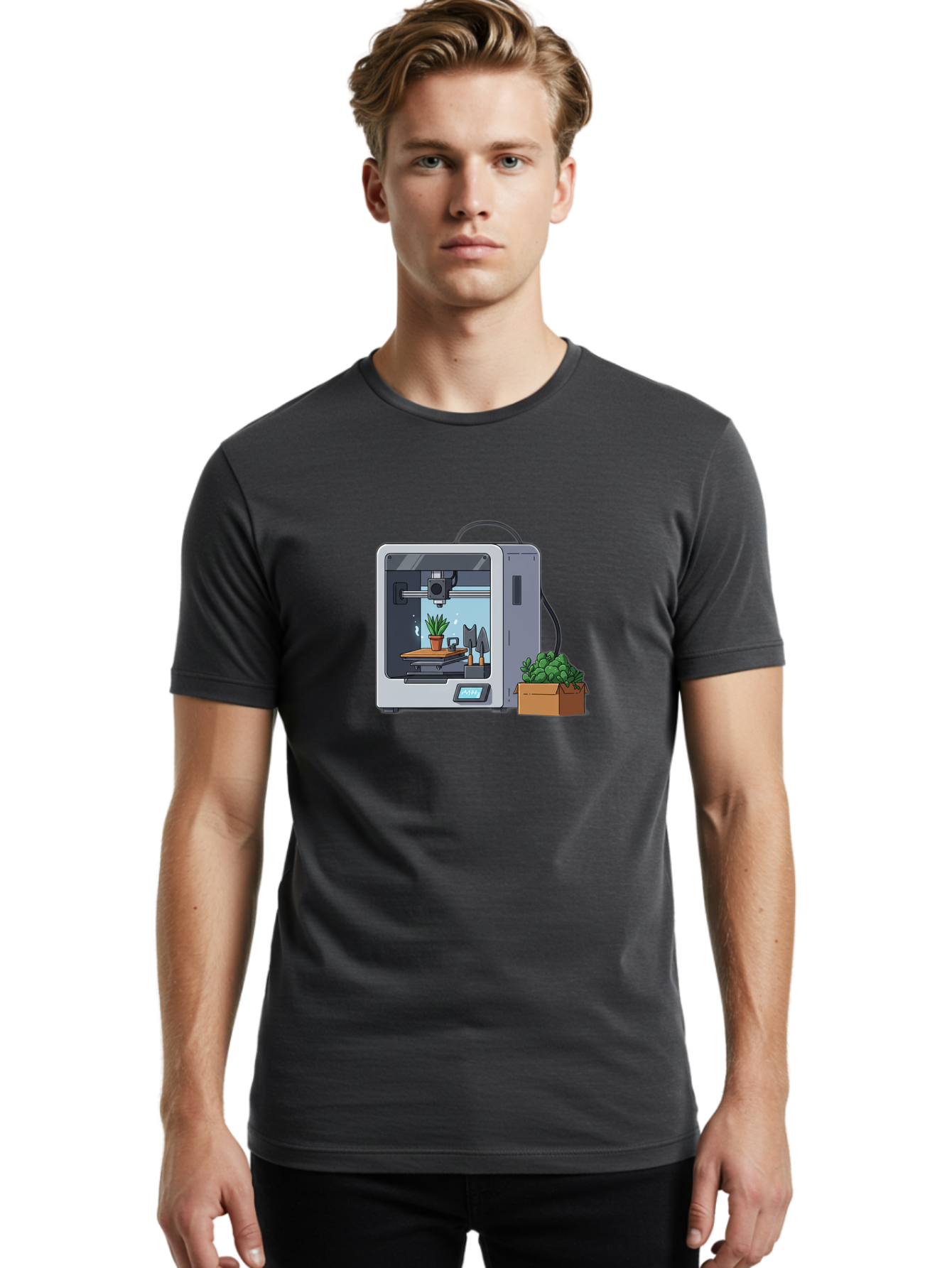 3D-Printer-23 Men'S Graphic Tee, 100% Cotton, Comfortable Casual Summer Wear, Machine Washable, 3D Printing Technology, Digital Fabrication, Futuristic Manufacturing, Potted Plant, Succulent Plants, Cardboard Box, Modern Machinery, Baa017 8