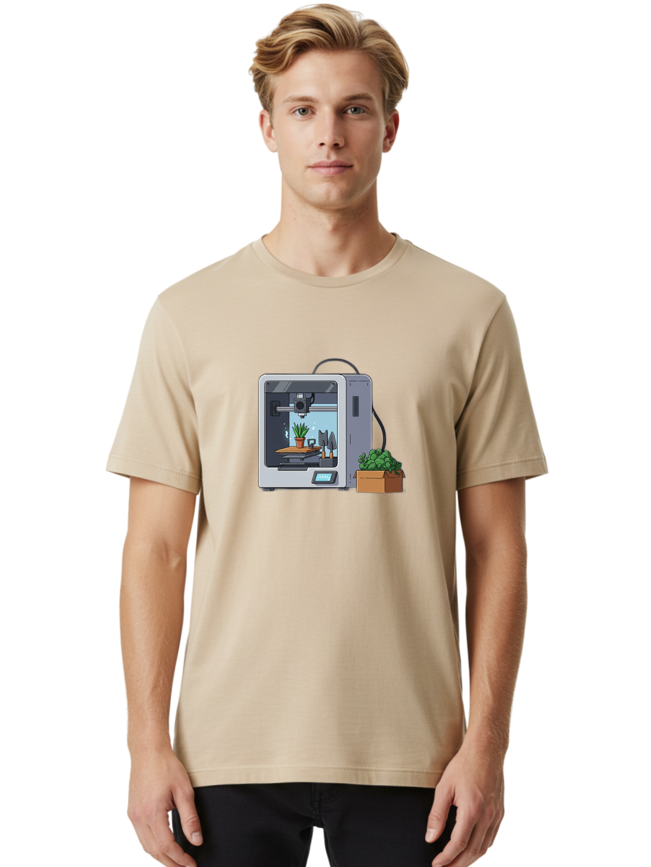 3D-Printer-23 Men'S Graphic Tee, 100% Cotton, Comfortable Casual Summer Wear, Machine Washable, 3D Printing Technology, Digital Fabrication, Futuristic Manufacturing, Potted Plant, Succulent Plants, Cardboard Box, Modern Machinery, Baa017 26