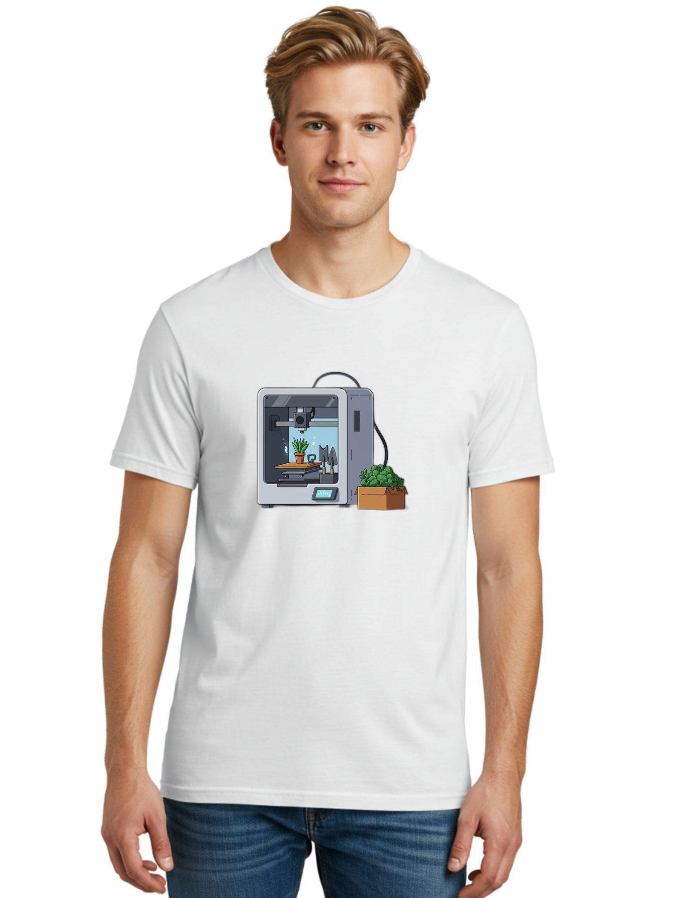 3D-Printer-23 Men'S Graphic Tee, 100% Cotton, Comfortable Casual Summer Wear, Machine Washable, 3D Printing Technology, Digital Fabrication, Futuristic Manufacturing, Potted Plant, Succulent Plants, Cardboard Box, Modern Machinery, Baa017 12