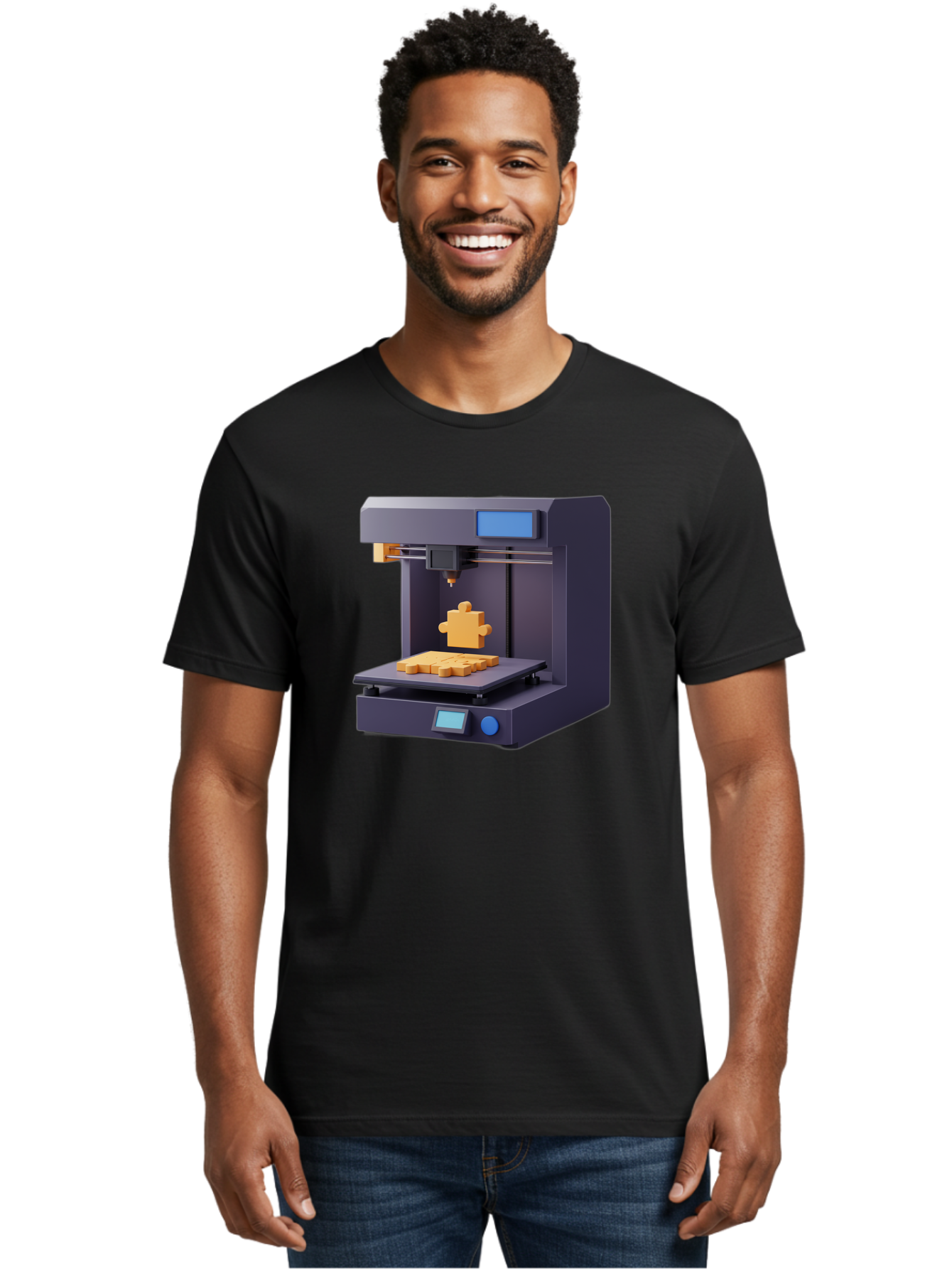 3D-Printer-30 Men'S Graphic Tee, 100% Cotton, Comfortable Casual Summer Wear, Machine Washable, 3D Printing Technology, Additive Manufacturing, Puzzle Piece Being Printed, Modern Machinery, Digital Fabrication, 3D Modeling, Yellow Plastic, Baa025 12