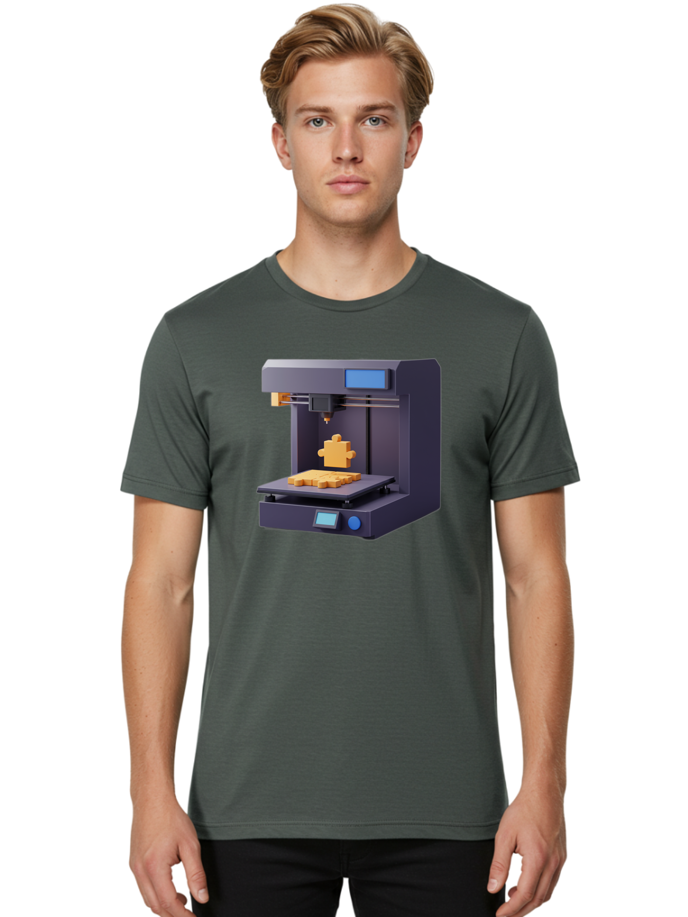 3D-Printer-30 Men'S Graphic Tee, 100% Cotton, Comfortable Casual Summer Wear, Machine Washable, 3D Printing Technology, Additive Manufacturing, Puzzle Piece Being Printed, Modern Machinery, Digital Fabrication, 3D Modeling, Yellow Plastic, Baa025 14