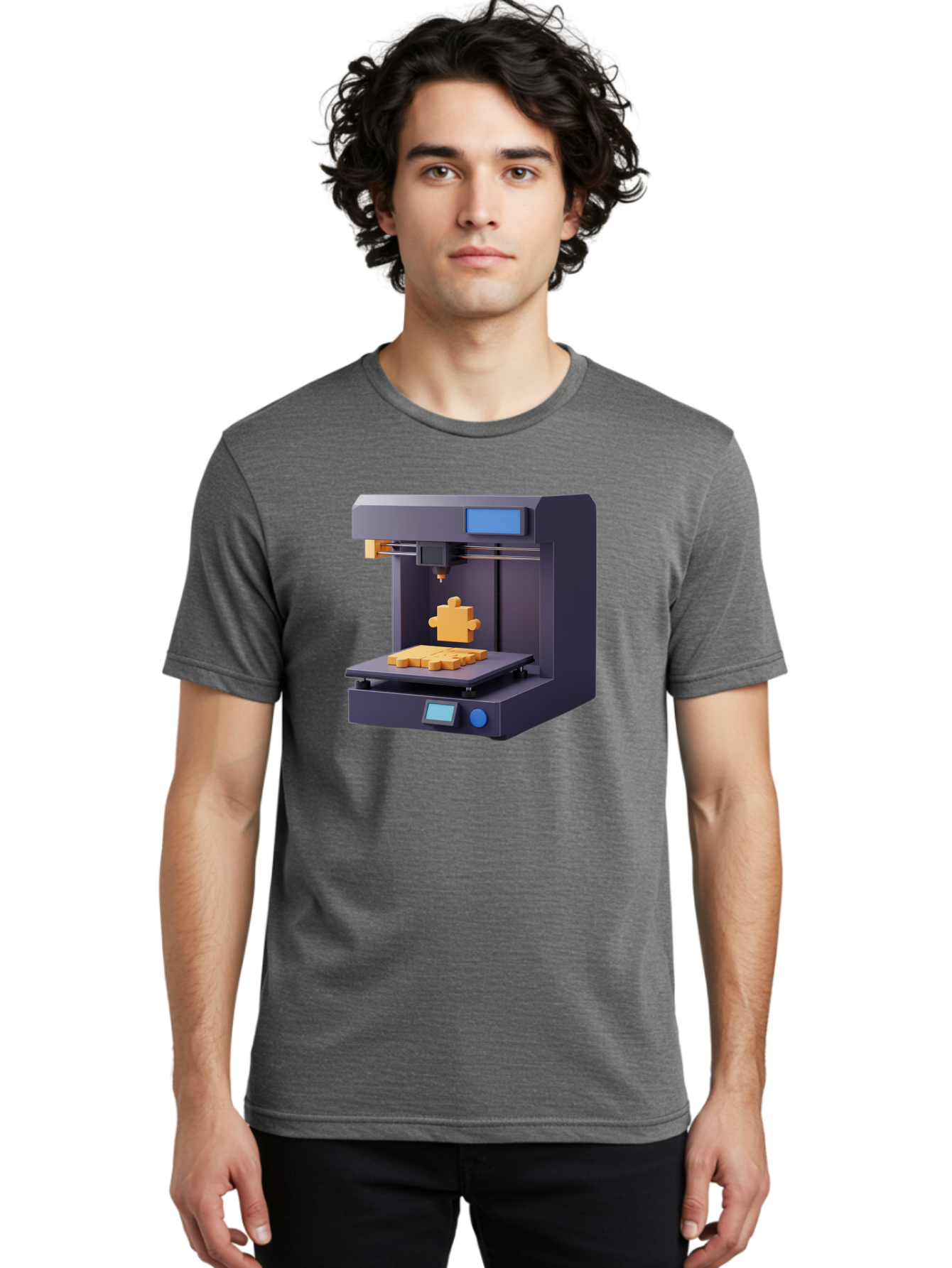 3D-Printer-30 Men'S Graphic Tee, 100% Cotton, Comfortable Casual Summer Wear, Machine Washable, 3D Printing Technology, Additive Manufacturing, Puzzle Piece Being Printed, Modern Machinery, Digital Fabrication, 3D Modeling, Yellow Plastic, Baa025 20