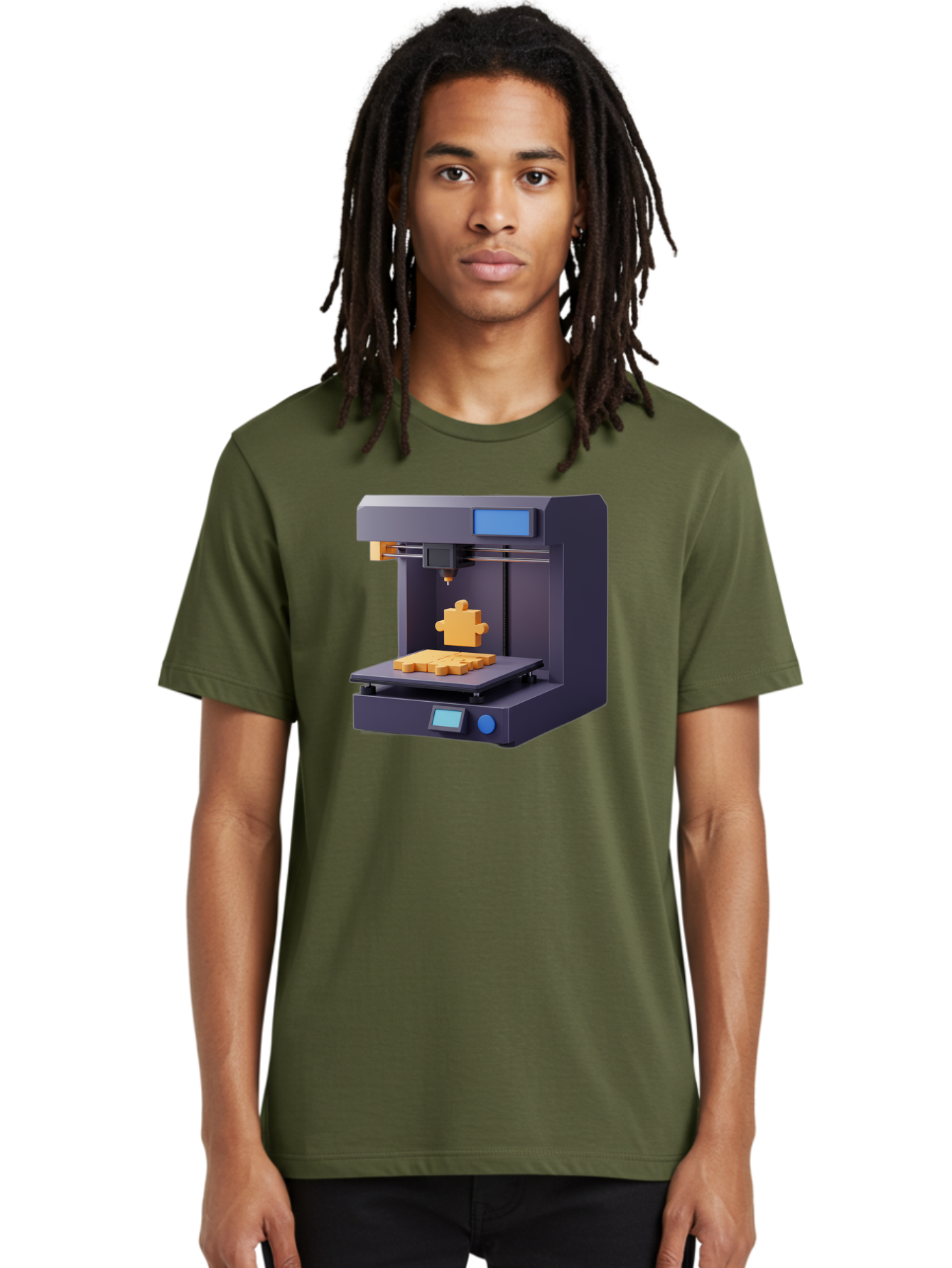 3D-Printer-30 Men'S Graphic Tee, 100% Cotton, Comfortable Casual Summer Wear, Machine Washable, 3D Printing Technology, Additive Manufacturing, Puzzle Piece Being Printed, Modern Machinery, Digital Fabrication, 3D Modeling, Yellow Plastic, Baa025 22