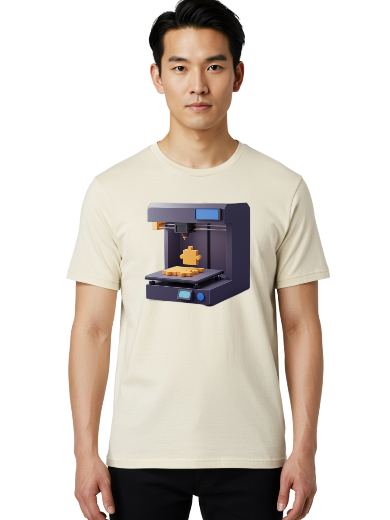 3D-Printer-30 Men'S Graphic Tee, 100% Cotton, Comfortable Casual Summer Wear, Machine Washable, 3D Printing Technology, Additive Manufacturing, Puzzle Piece Being Printed, Modern Machinery, Digital Fabrication, 3D Modeling, Yellow Plastic, Baa025 16