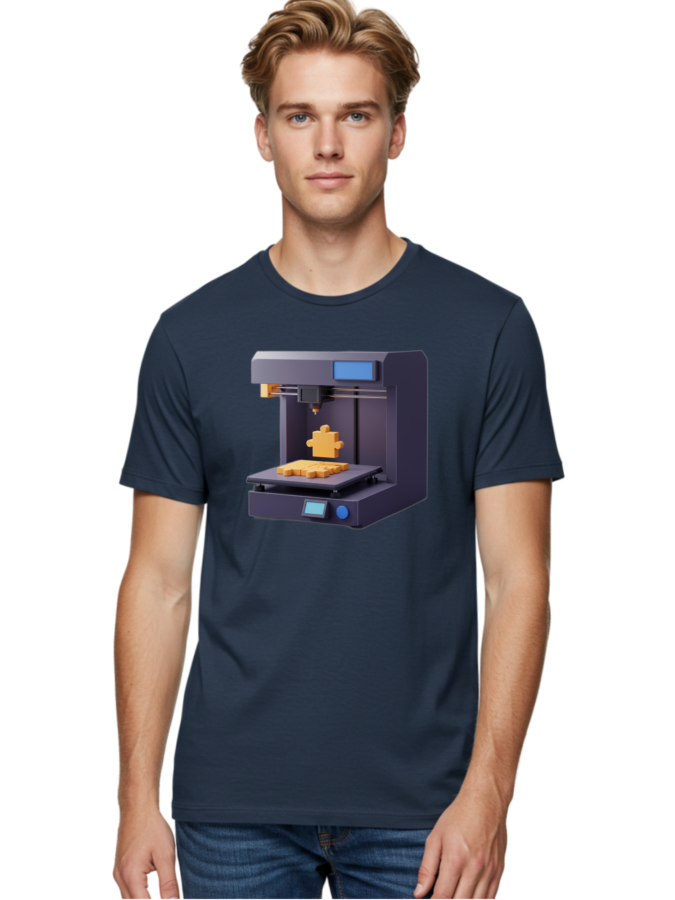 3D-Printer-30 Men'S Graphic Tee, 100% Cotton, Comfortable Casual Summer Wear, Machine Washable, 3D Printing Technology, Additive Manufacturing, Puzzle Piece Being Printed, Modern Machinery, Digital Fabrication, 3D Modeling, Yellow Plastic, Baa025 24