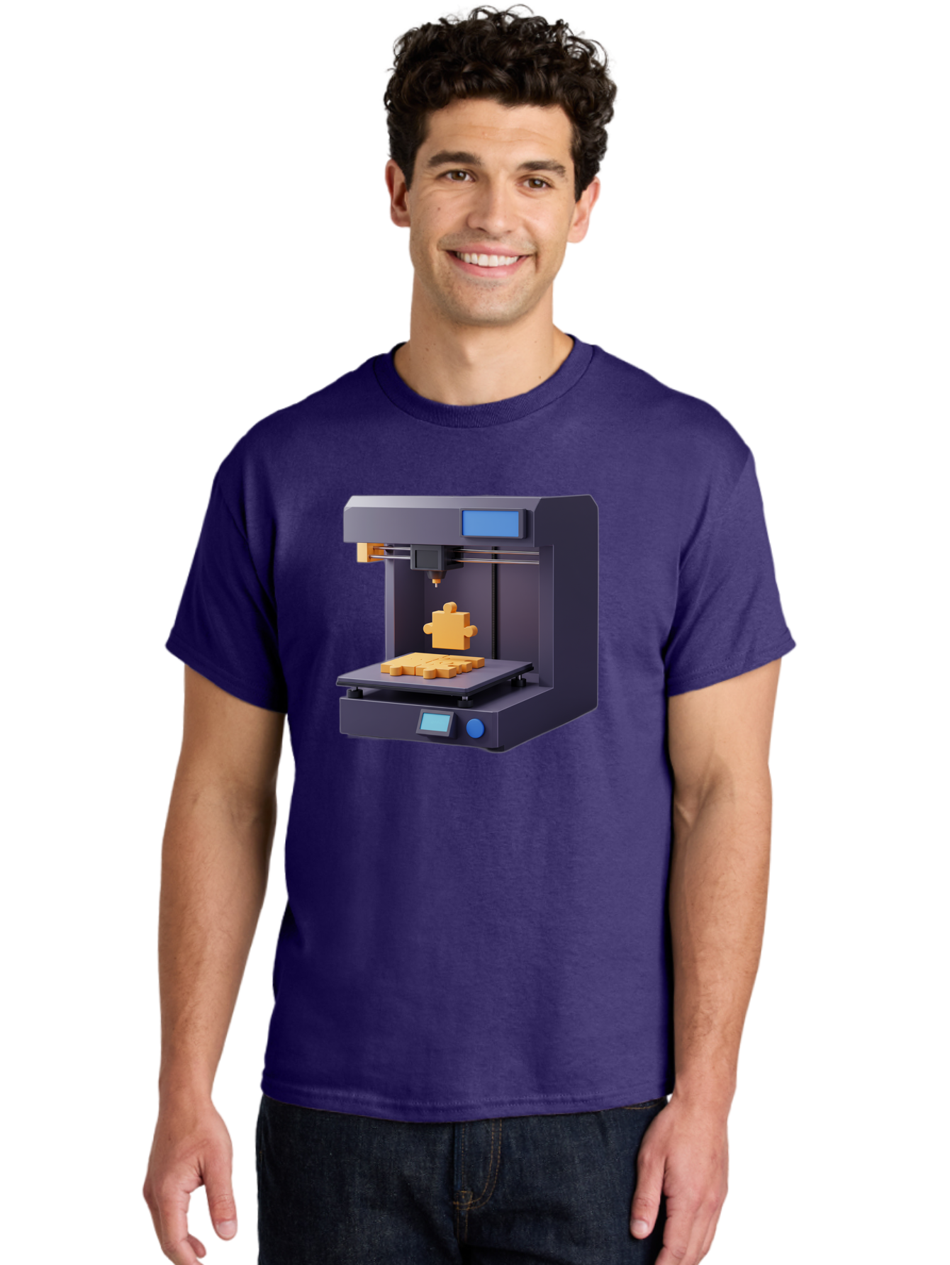 3D-Printer-30 Men'S Graphic Tee, 100% Cotton, Comfortable Casual Summer Wear, Machine Washable, 3D Printing Technology, Additive Manufacturing, Puzzle Piece Being Printed, Modern Machinery, Digital Fabrication, 3D Modeling, Yellow Plastic, Baa025 4