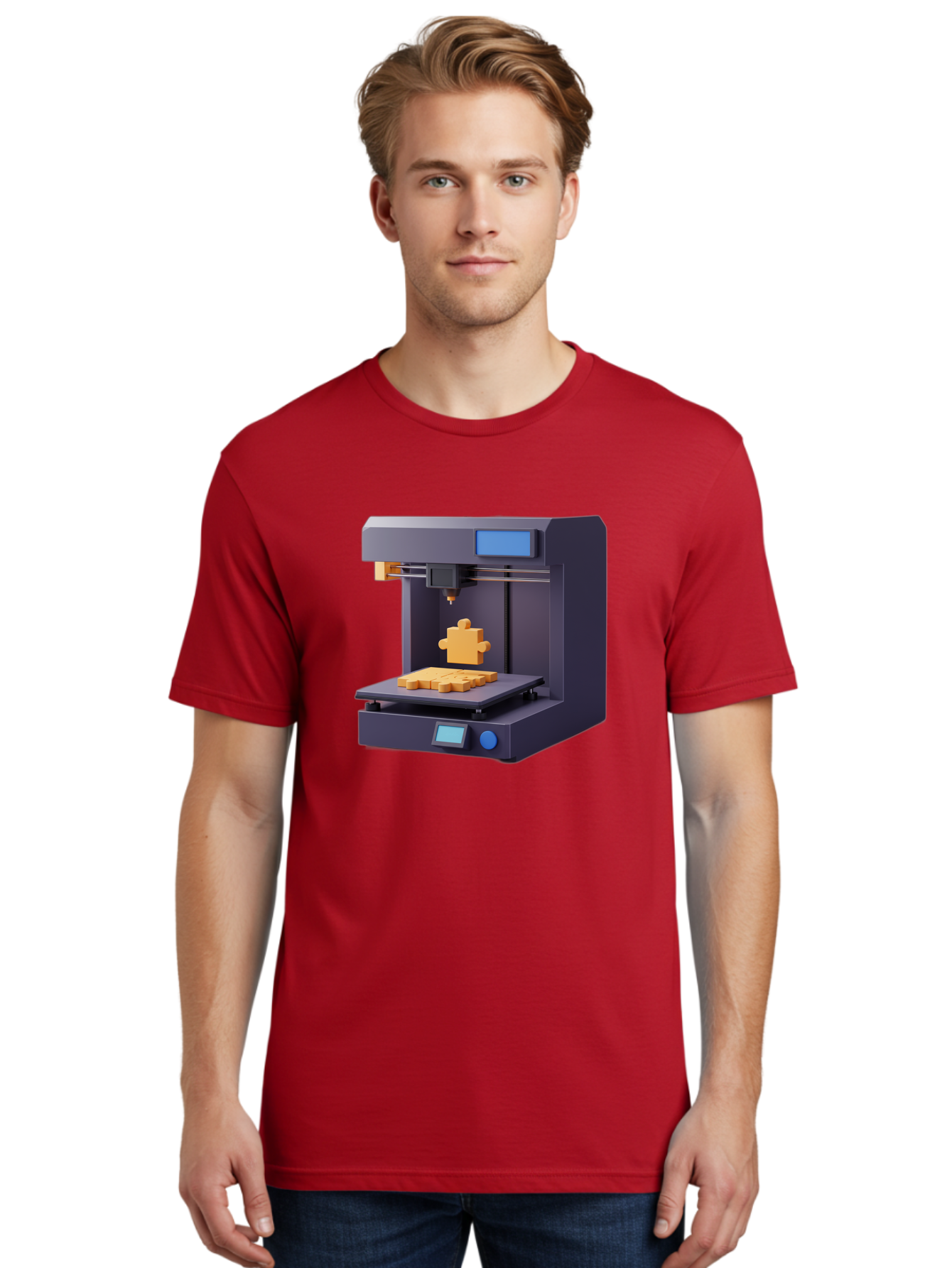 3D-Printer-30 Men'S Graphic Tee, 100% Cotton, Comfortable Casual Summer Wear, Machine Washable, 3D Printing Technology, Additive Manufacturing, Puzzle Piece Being Printed, Modern Machinery, Digital Fabrication, 3D Modeling, Yellow Plastic, Baa025 28