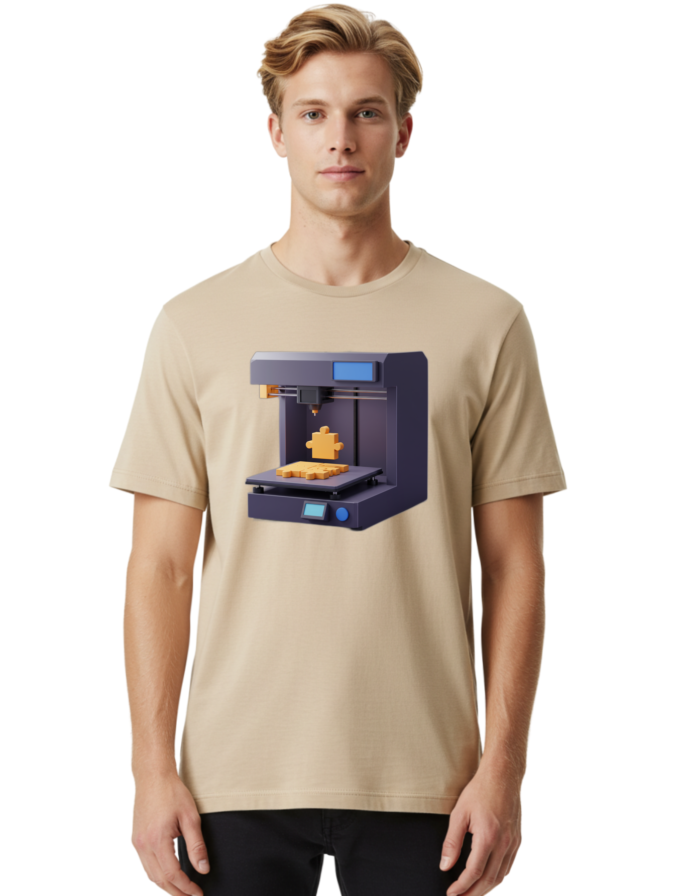 3D-Printer-30 Men'S Graphic Tee, 100% Cotton, Comfortable Casual Summer Wear, Machine Washable, 3D Printing Technology, Additive Manufacturing, Puzzle Piece Being Printed, Modern Machinery, Digital Fabrication, 3D Modeling, Yellow Plastic, Baa025 10