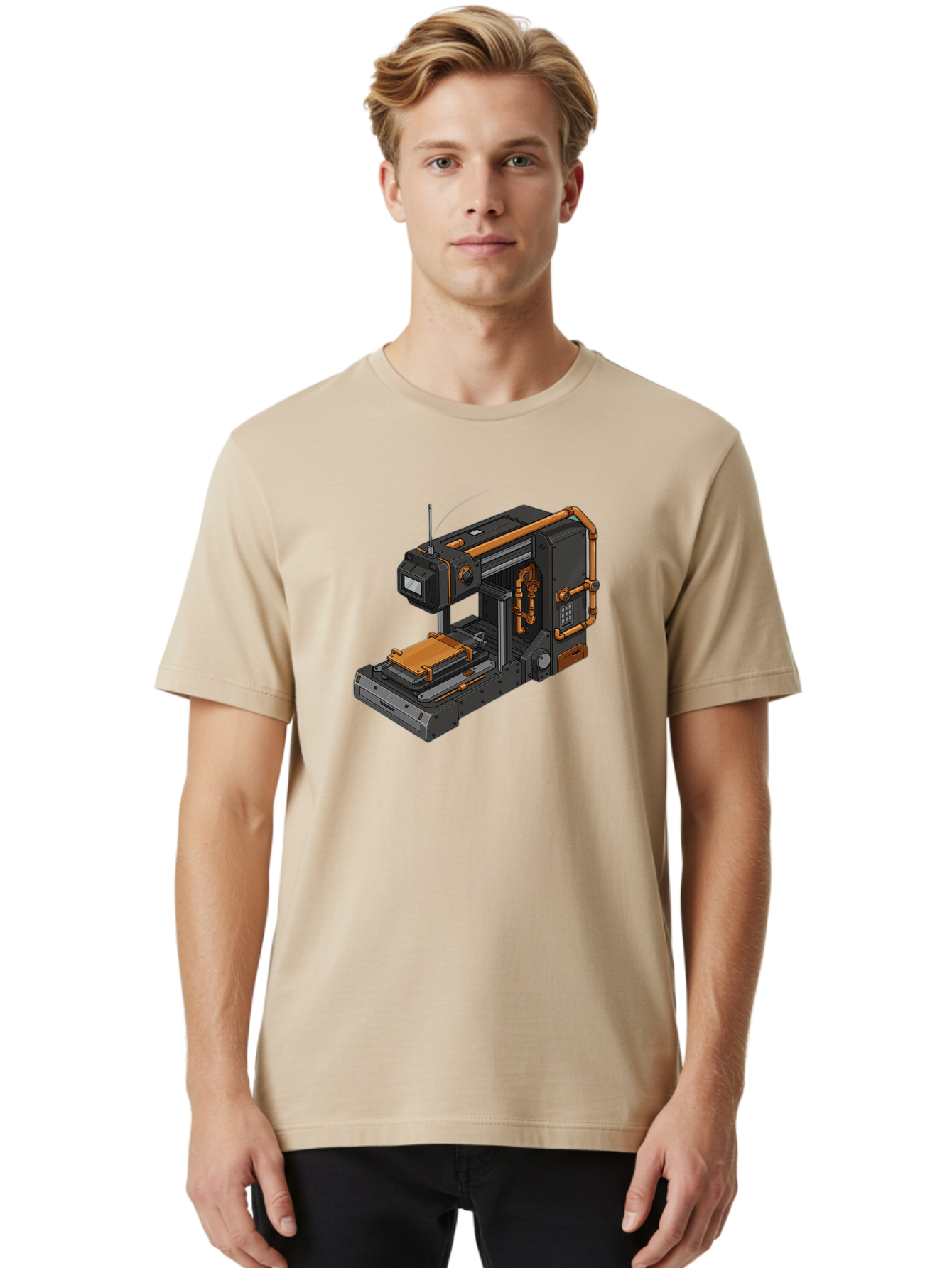 3D-Printer-38 Men'S Graphic Tee, 100% Cotton, Comfortable Casual Summer Wear, Machine Washable, Industrial 3D Printing Technology, Futuristic Manufacturing, Copper Piping, Black Metal Machinery, High-Precision Engineering, Innovative Design, Baa033 14
