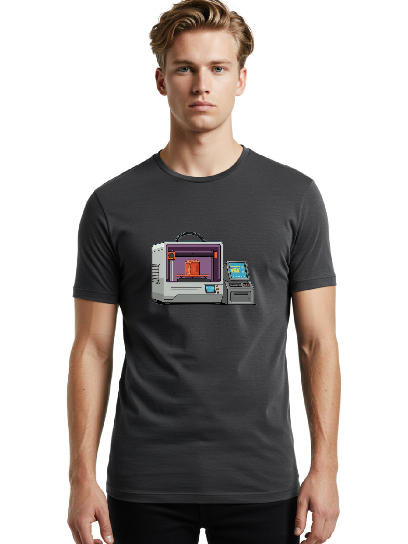 3D-Printer-4 Men'S Graphic Tee, 100% Cotton, Comfortable Casual Summer Wear, Machine Washable, 3D Printing Technology, Additive Manufacturing, Digital Design, Rapid Prototyping, Orange Object, Printer Controls, Digital Display, Baa035 6