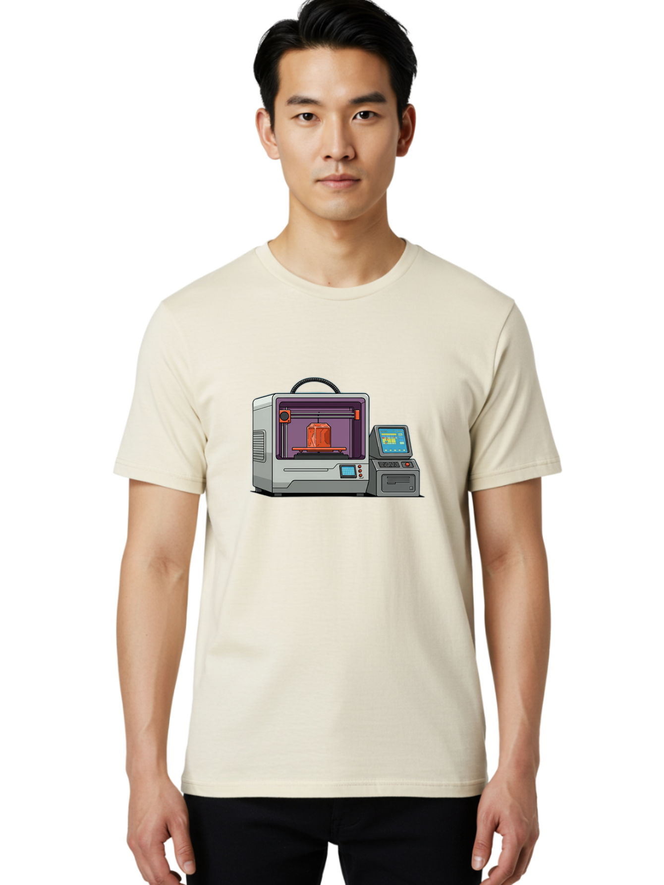 3D-Printer-4 Men'S Graphic Tee, 100% Cotton, Comfortable Casual Summer Wear, Machine Washable, 3D Printing Technology, Additive Manufacturing, Digital Design, Rapid Prototyping, Orange Object, Printer Controls, Digital Display, Baa035 12