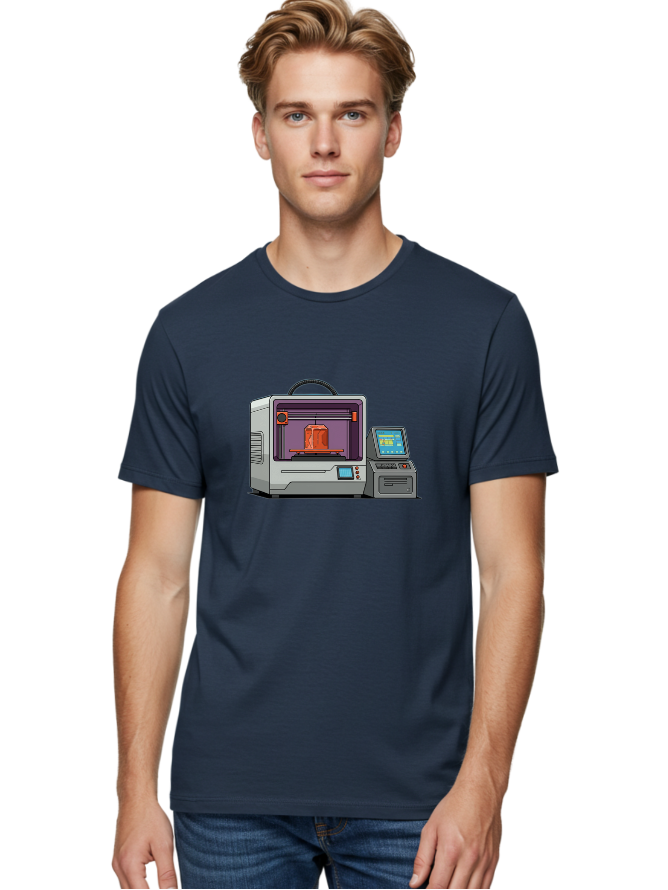 3D-Printer-4 Men'S Graphic Tee, 100% Cotton, Comfortable Casual Summer Wear, Machine Washable, 3D Printing Technology, Additive Manufacturing, Digital Design, Rapid Prototyping, Orange Object, Printer Controls, Digital Display, Baa035 16