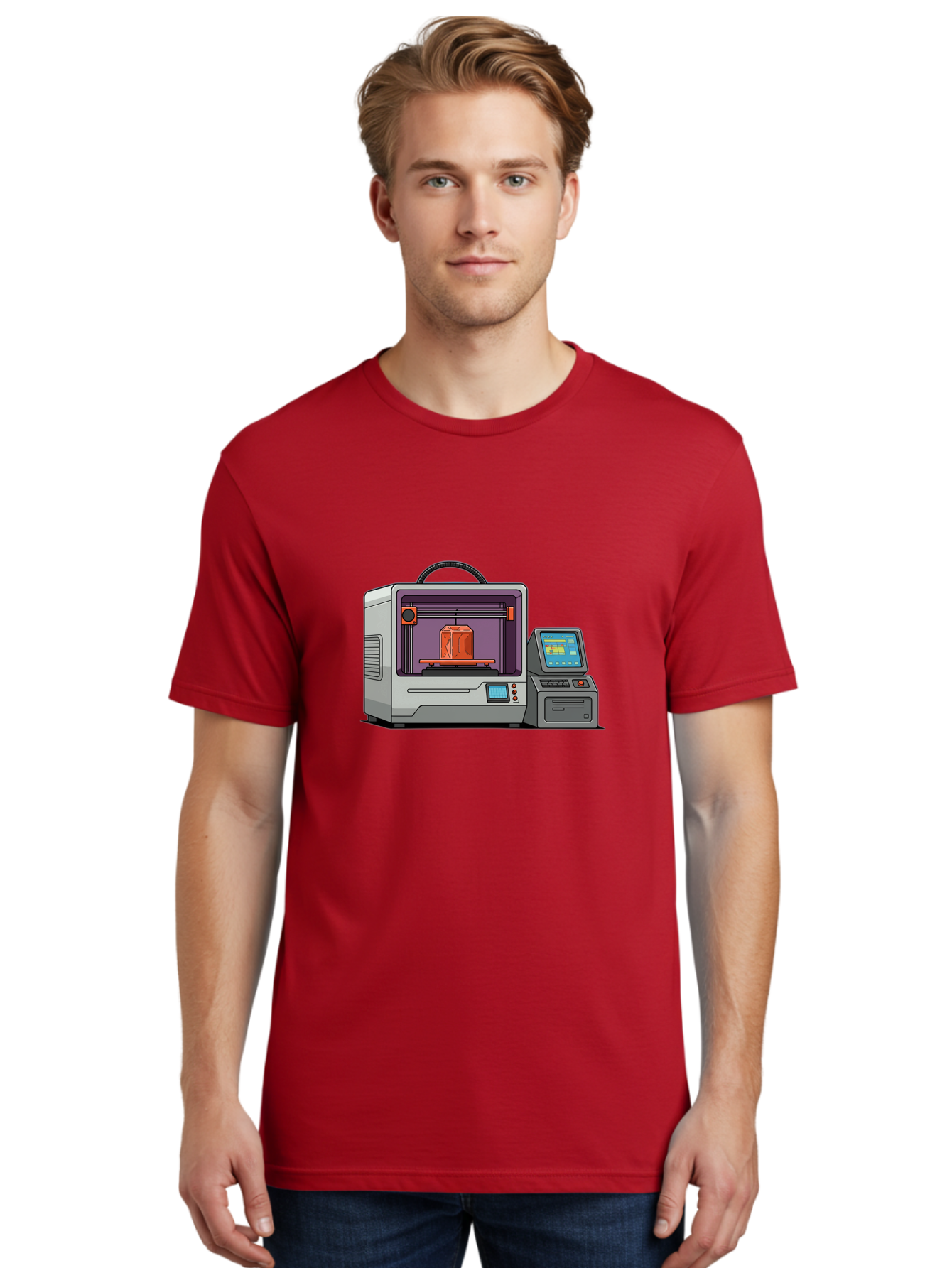 3D-Printer-4 Men'S Graphic Tee, 100% Cotton, Comfortable Casual Summer Wear, Machine Washable, 3D Printing Technology, Additive Manufacturing, Digital Design, Rapid Prototyping, Orange Object, Printer Controls, Digital Display, Baa035 4