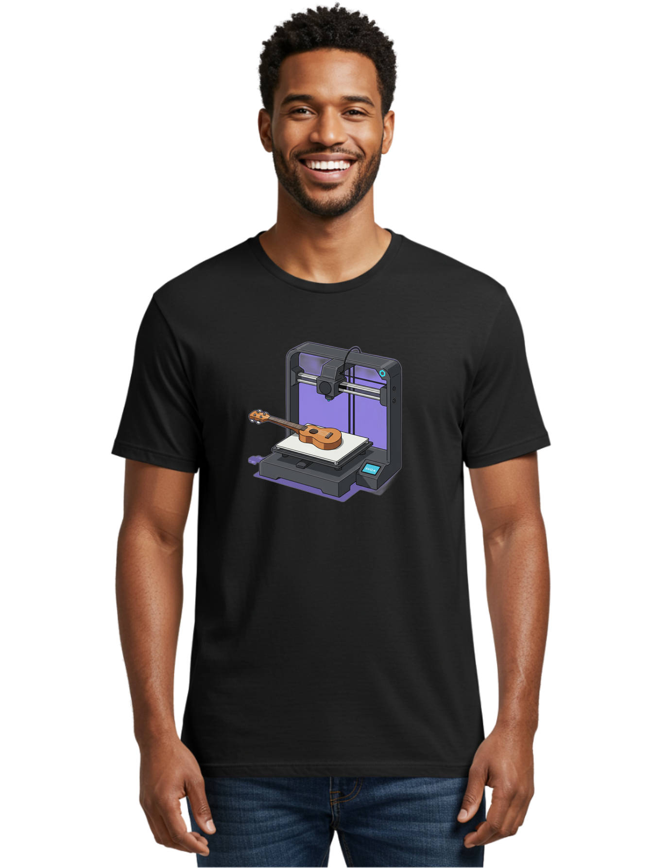 3D-Printer-With-Ukulele Men'S Graphic Tee, 100% Cotton, Comfortable Casual Summer Wear, Machine Washable, 3D Printing Technology, Ukulele Manufacturing, Customized Instruments, Innovative Design, Digital Fabrication, Musical Instruments, Baa051 12