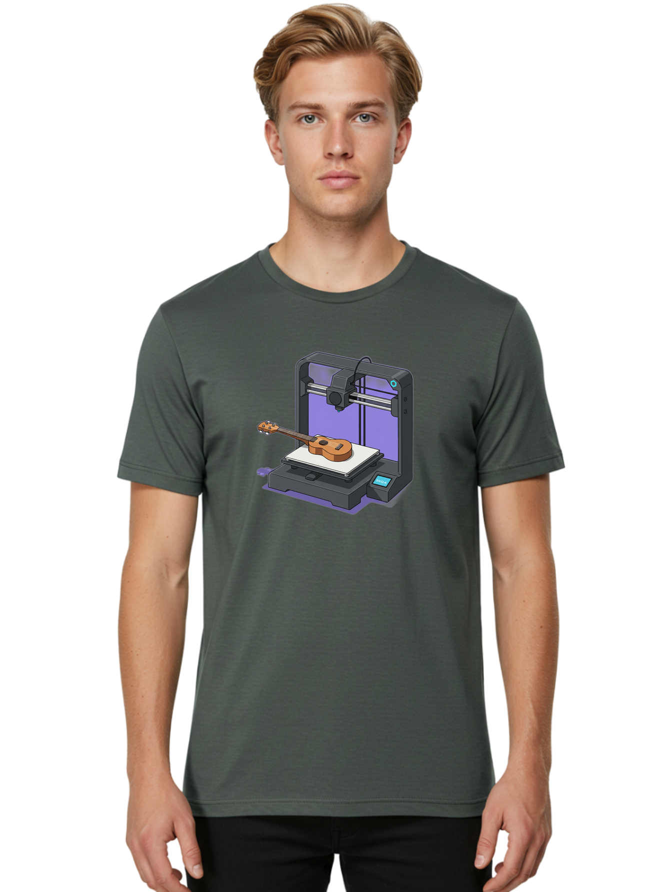 3D-Printer-With-Ukulele Men'S Graphic Tee, 100% Cotton, Comfortable Casual Summer Wear, Machine Washable, 3D Printing Technology, Ukulele Manufacturing, Customized Instruments, Innovative Design, Digital Fabrication, Musical Instruments, Baa051 30