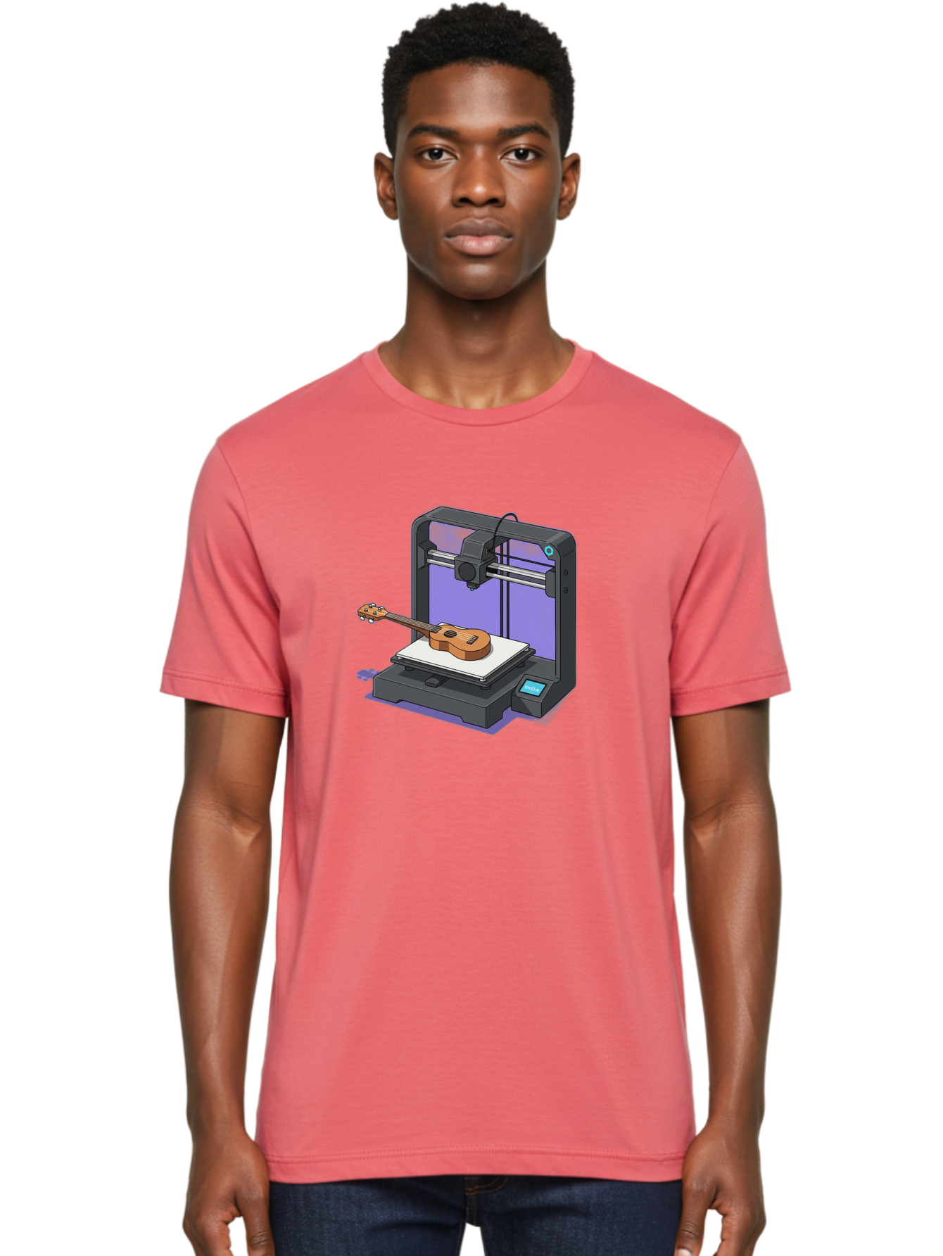 3D-Printer-With-Ukulele Men'S Graphic Tee, 100% Cotton, Comfortable Casual Summer Wear, Machine Washable, 3D Printing Technology, Ukulele Manufacturing, Customized Instruments, Innovative Design, Digital Fabrication, Musical Instruments, Baa051 8