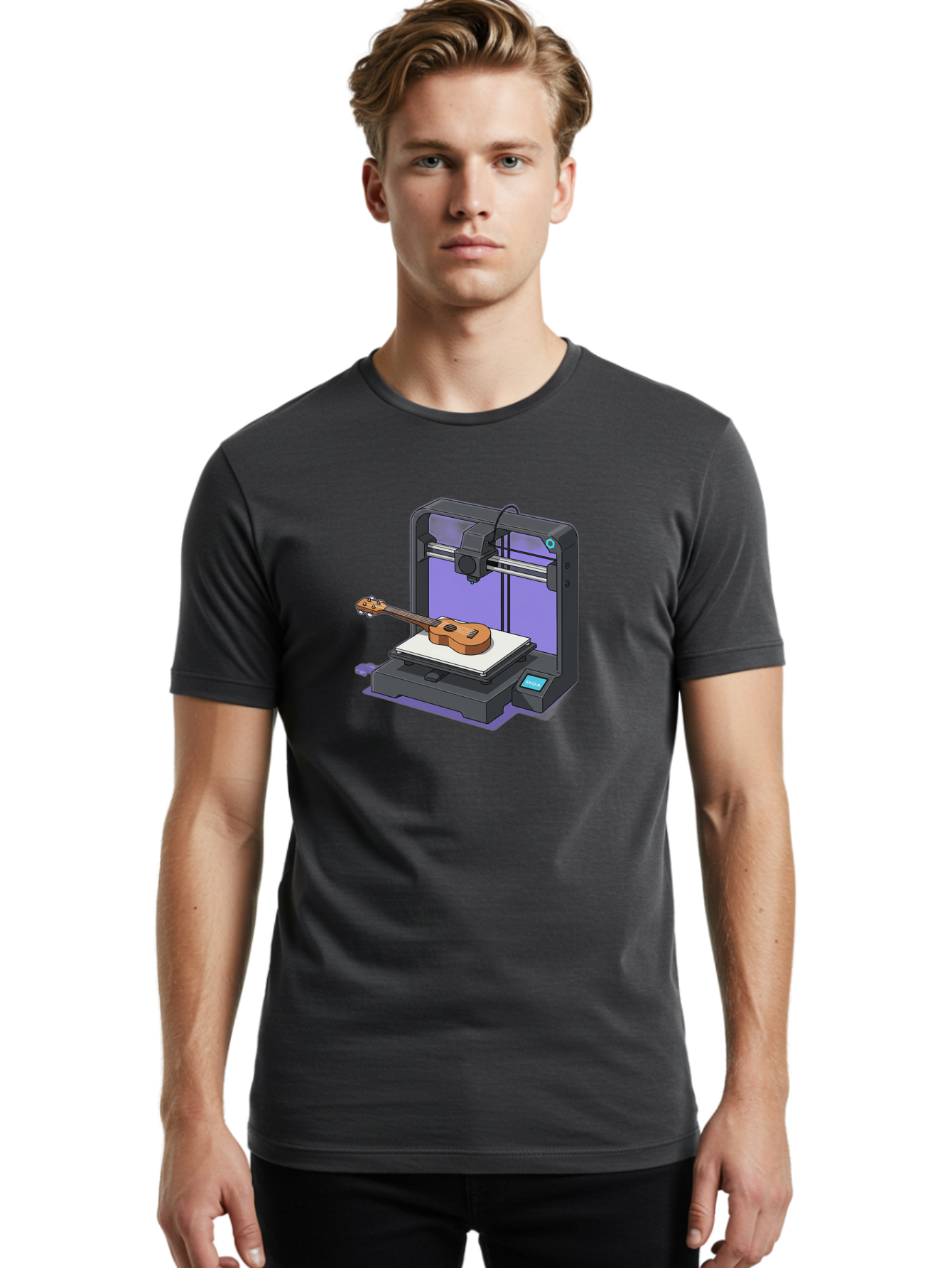3D-Printer-With-Ukulele Men'S Graphic Tee, 100% Cotton, Comfortable Casual Summer Wear, Machine Washable, 3D Printing Technology, Ukulele Manufacturing, Customized Instruments, Innovative Design, Digital Fabrication, Musical Instruments, Baa051 26