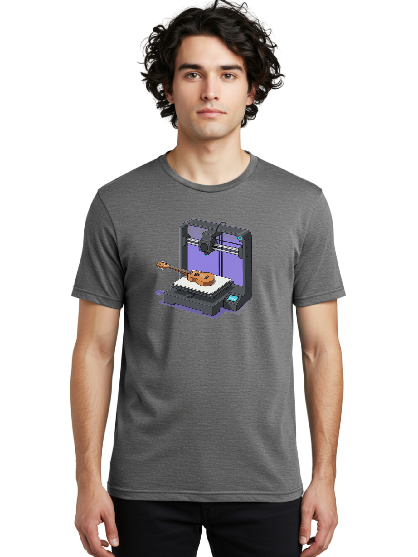 3D-Printer-With-Ukulele Men'S Graphic Tee, 100% Cotton, Comfortable Casual Summer Wear, Machine Washable, 3D Printing Technology, Ukulele Manufacturing, Customized Instruments, Innovative Design, Digital Fabrication, Musical Instruments, Baa051 20