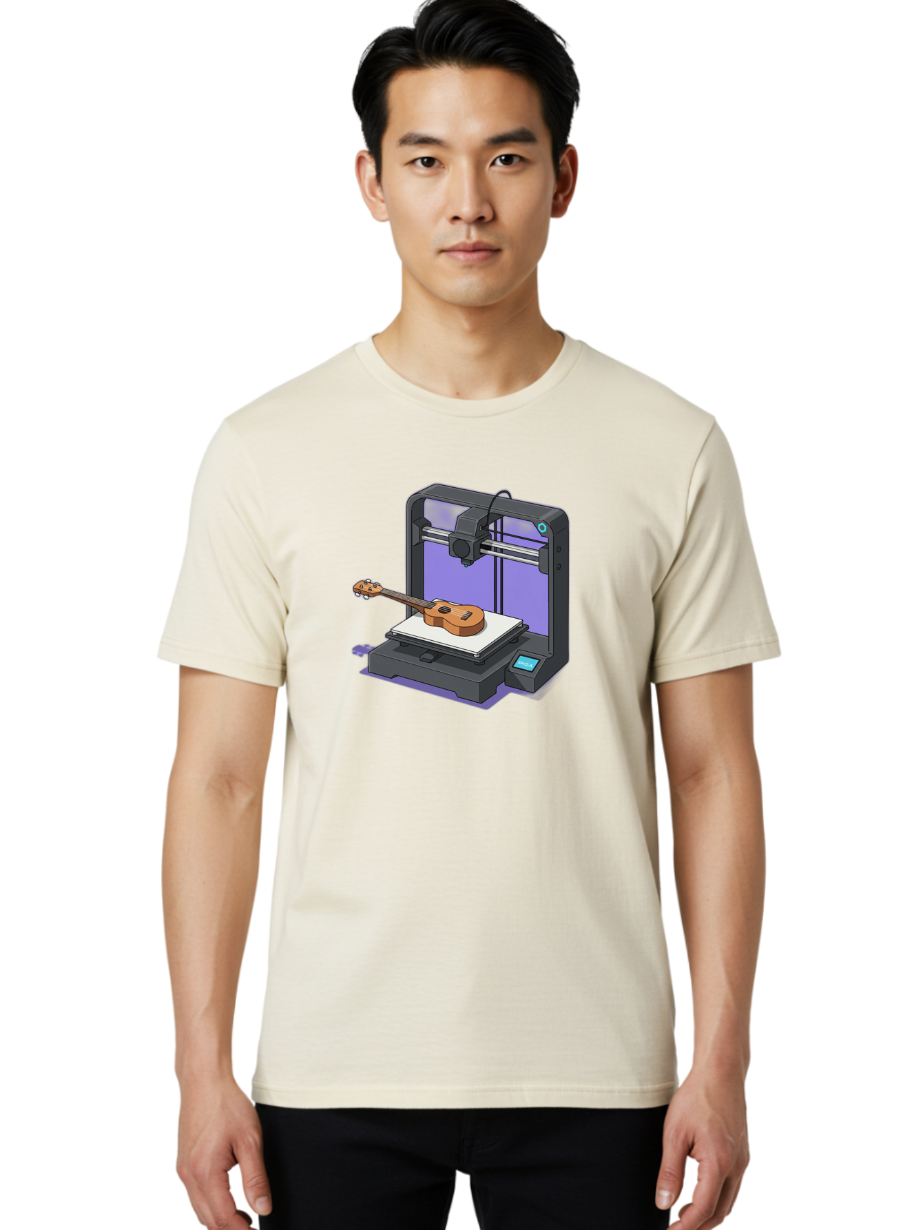 3D-Printer-With-Ukulele Men'S Graphic Tee, 100% Cotton, Comfortable Casual Summer Wear, Machine Washable, 3D Printing Technology, Ukulele Manufacturing, Customized Instruments, Innovative Design, Digital Fabrication, Musical Instruments, Baa051 10