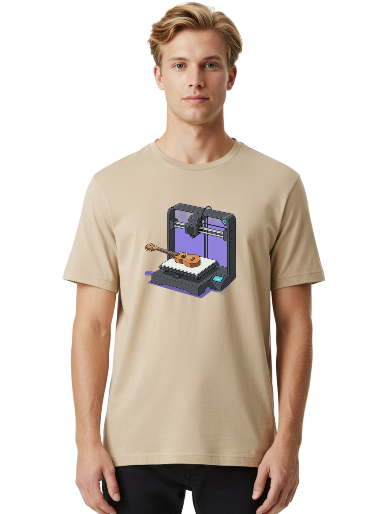 3D-Printer-With-Ukulele Men'S Graphic Tee, 100% Cotton, Comfortable Casual Summer Wear, Machine Washable, 3D Printing Technology, Ukulele Manufacturing, Customized Instruments, Innovative Design, Digital Fabrication, Musical Instruments, Baa051 24