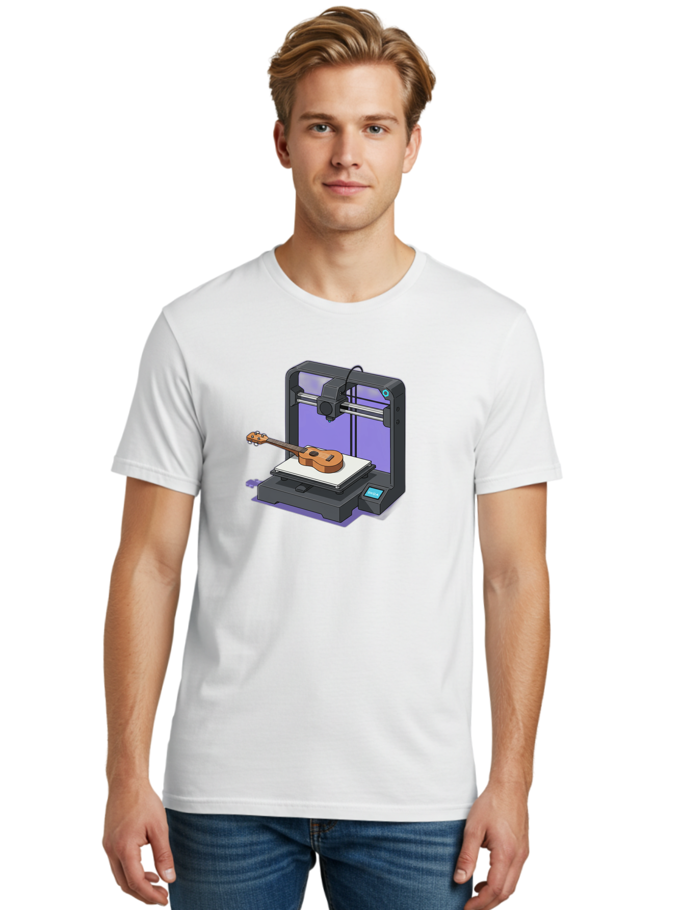 3D-Printer-With-Ukulele Men'S Graphic Tee, 100% Cotton, Comfortable Casual Summer Wear, Machine Washable, 3D Printing Technology, Ukulele Manufacturing, Customized Instruments, Innovative Design, Digital Fabrication, Musical Instruments, Baa051 14