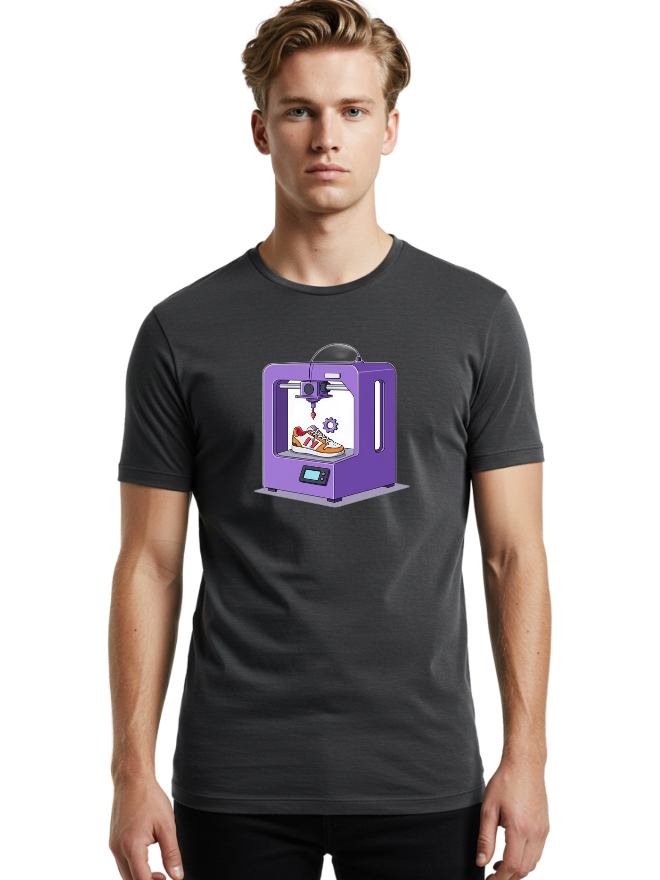 3D-Printing-Sneaker Men'S Graphic Tee, 100% Cotton, Comfortable Casual Summer Wear, Machine Washable, 3D Printing Technology, Futuristic Design, Customizable Shoes, Modern Manufacturing, Additive Manufacturing, Orange And White Sneakers, Baa053 10