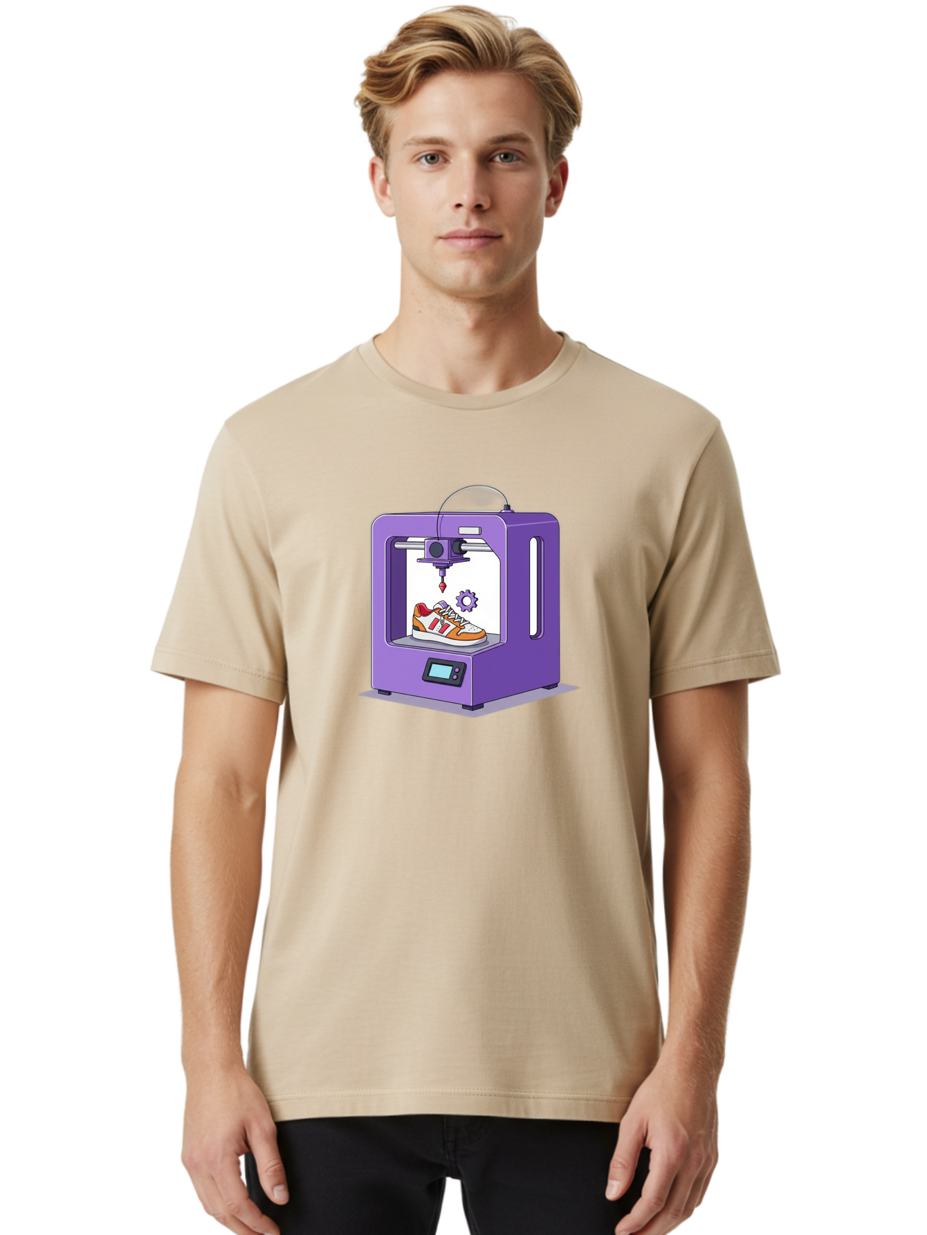 3D-Printing-Sneaker Men'S Graphic Tee, 100% Cotton, Comfortable Casual Summer Wear, Machine Washable, 3D Printing Technology, Futuristic Design, Customizable Shoes, Modern Manufacturing, Additive Manufacturing, Orange And White Sneakers, Baa053 22