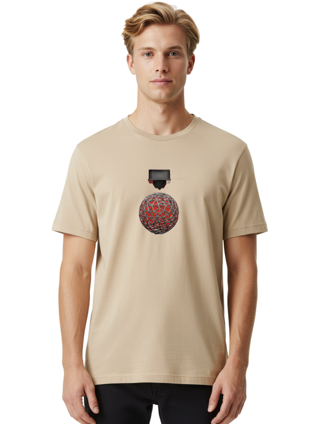 3D-Scanner Men'S Graphic Tee, 100% Cotton, Comfortable Casual Summer Wear, Machine Washable, 3D Scanning Technology, Digital Rendering, Geometric Shapes, Red Sphere, Metallic Framework, Futuristic Design, Precision Engineering, Baa055 16