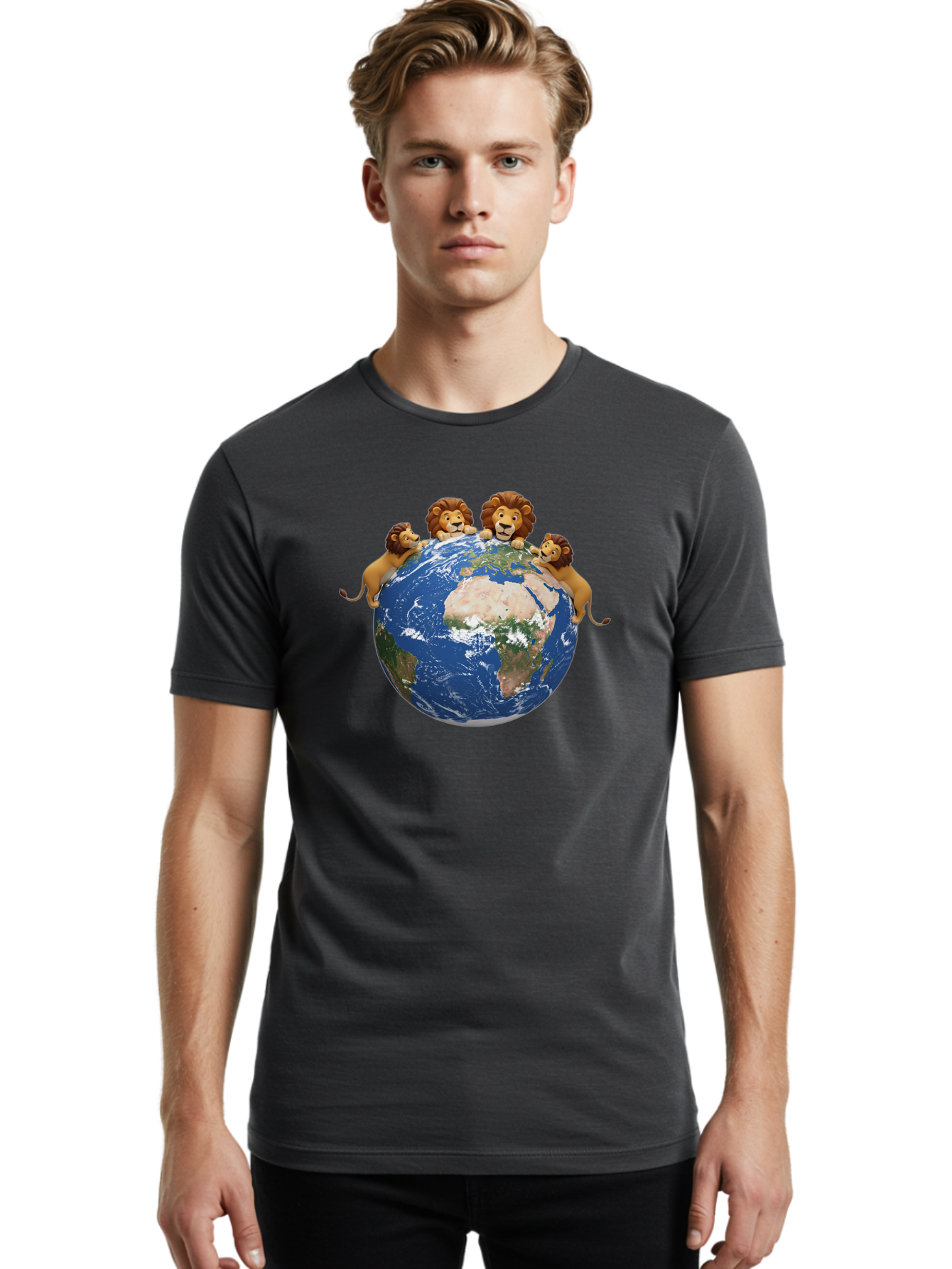 4-Lions-Holding-Globe Men'S Graphic Tee, 100% Cotton, Comfortable Casual Summer Wear, Machine Washable, Lions Holding The World, Global Unity, Conservation Efforts, Wildlife Protection, Earth, Lions Together, Global Awareness Baa056 30