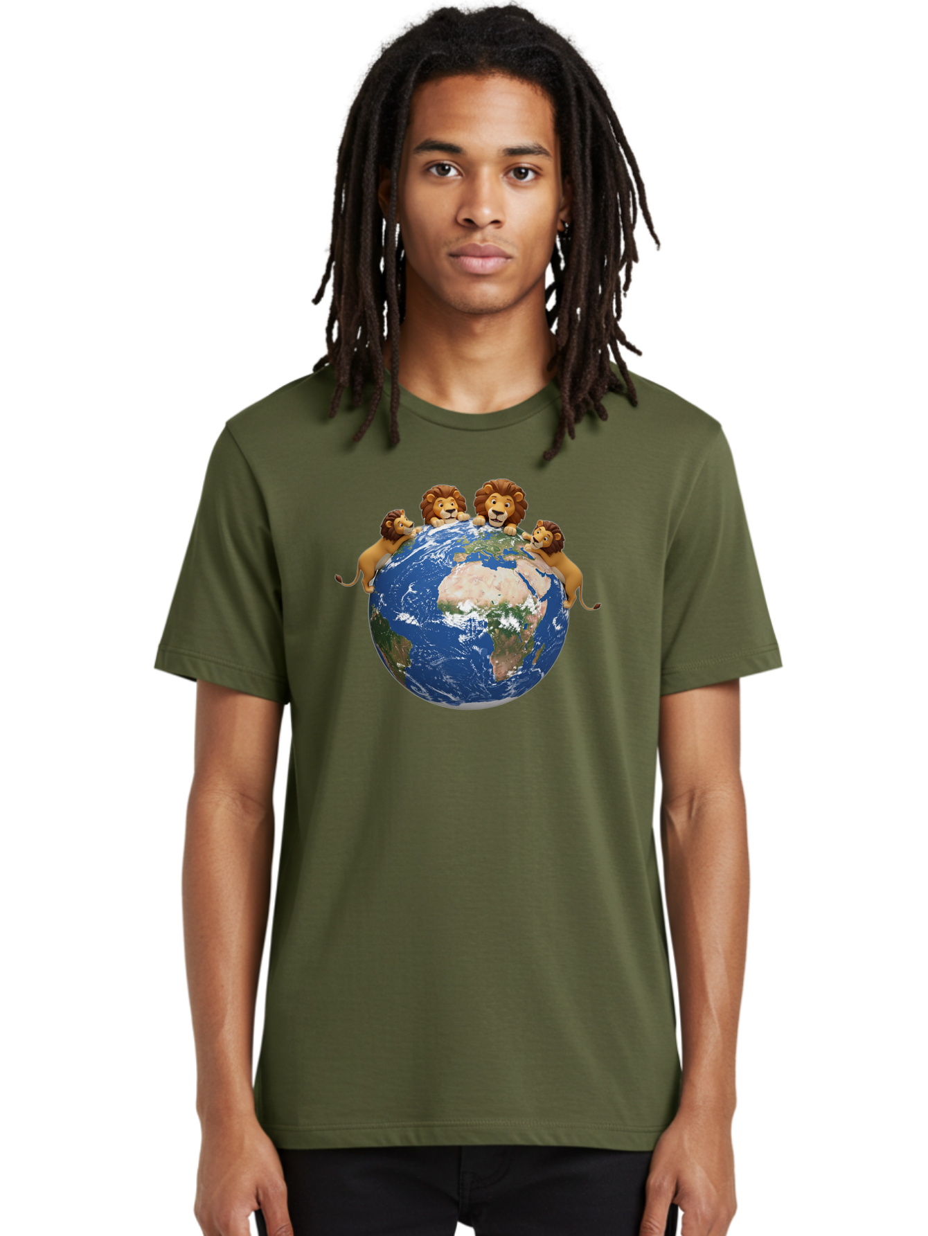 4-Lions-Holding-Globe Men'S Graphic Tee, 100% Cotton, Comfortable Casual Summer Wear, Machine Washable, Lions Holding The World, Global Unity, Conservation Efforts, Wildlife Protection, Earth, Lions Together, Global Awareness Baa056 4