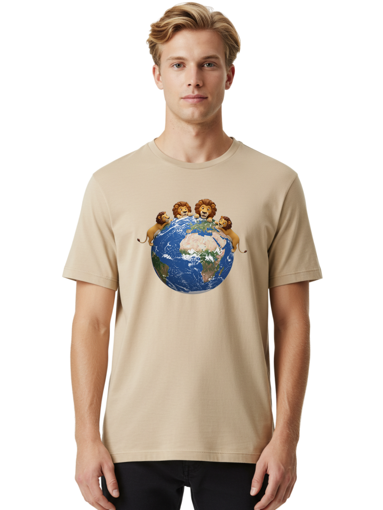 4-Lions-Holding-Globe Men'S Graphic Tee, 100% Cotton, Comfortable Casual Summer Wear, Machine Washable, Lions Holding The World, Global Unity, Conservation Efforts, Wildlife Protection, Earth, Lions Together, Global Awareness Baa056 8
