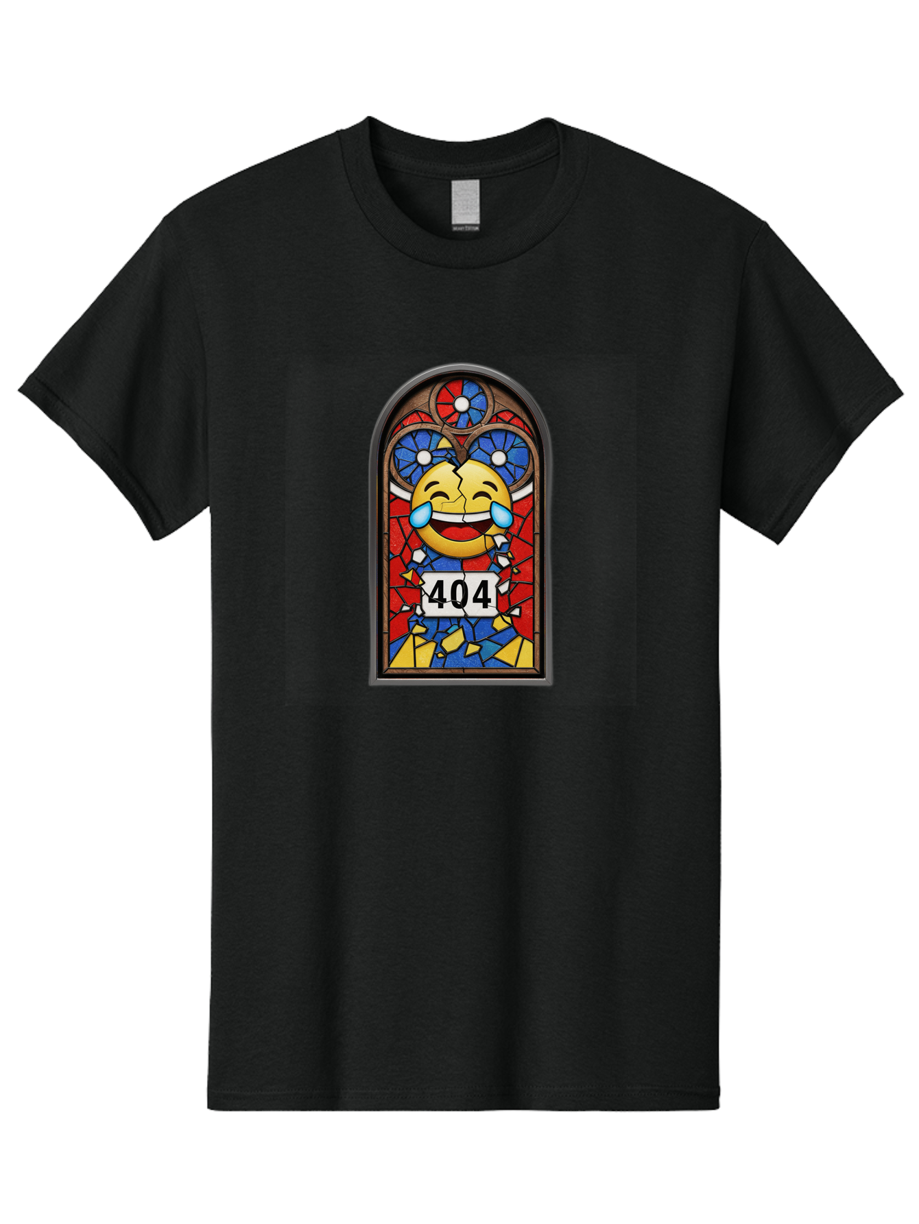 404-Emoji-Stained-Glass Men'S Graphic Tee, 100% Cotton, Comfortable Casual Summer Wear, Machine Washable, Stained Glass Window, Crying Laughing Emoji, Broken Glass, 404 Error, Humorous Design, Playful Art, Digital Illustration, Baa070 9