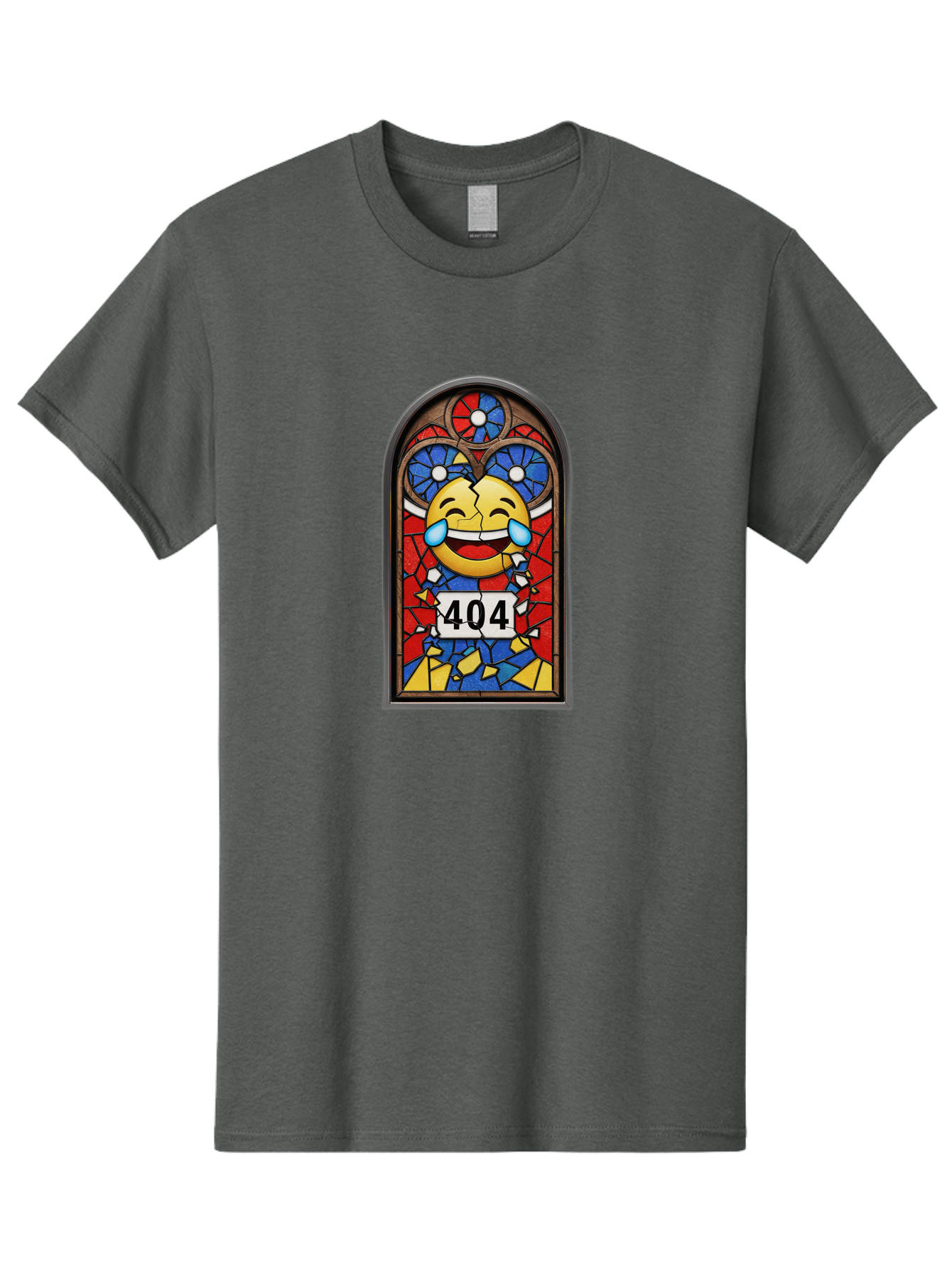 404-Emoji-Stained-Glass Men'S Graphic Tee, 100% Cotton, Comfortable Casual Summer Wear, Machine Washable, Stained Glass Window, Crying Laughing Emoji, Broken Glass, 404 Error, Humorous Design, Playful Art, Digital Illustration, Baa070 11