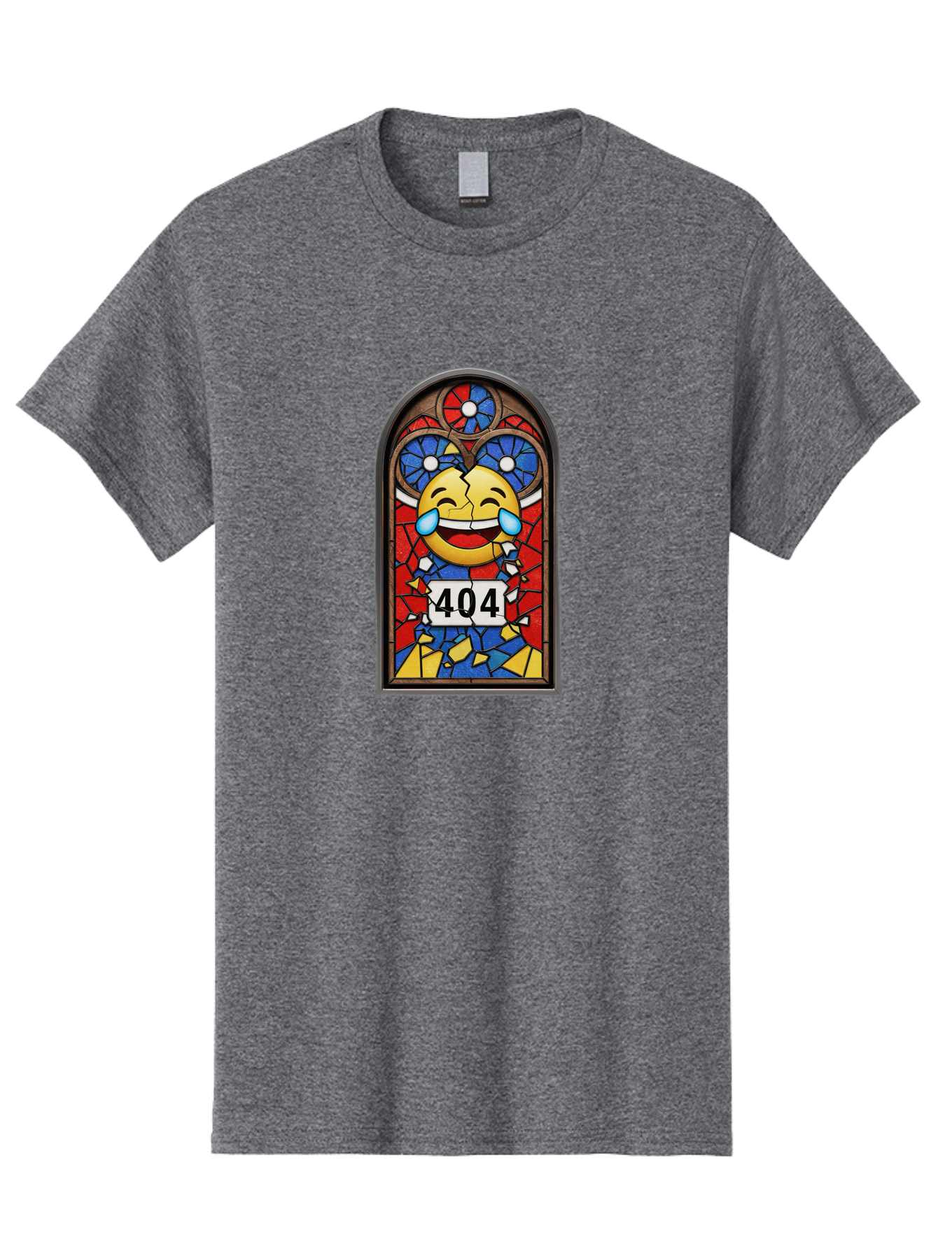 404-Emoji-Stained-Glass Men'S Graphic Tee, 100% Cotton, Comfortable Casual Summer Wear, Machine Washable, Stained Glass Window, Crying Laughing Emoji, Broken Glass, 404 Error, Humorous Design, Playful Art, Digital Illustration, Baa070 3