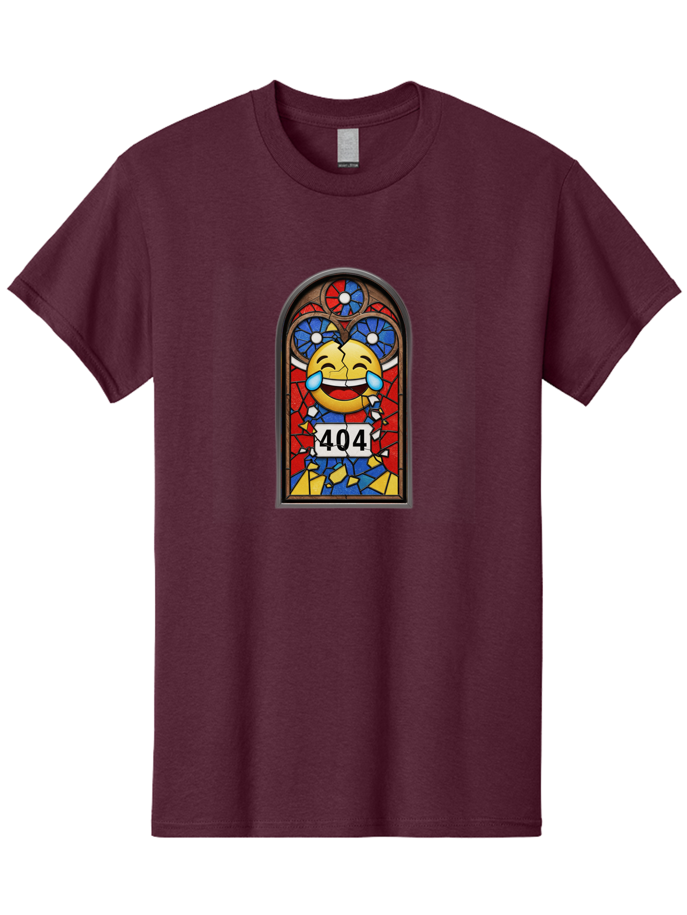 404-Emoji-Stained-Glass Men'S Graphic Tee, 100% Cotton, Comfortable Casual Summer Wear, Machine Washable, Stained Glass Window, Crying Laughing Emoji, Broken Glass, 404 Error, Humorous Design, Playful Art, Digital Illustration, Baa070 5