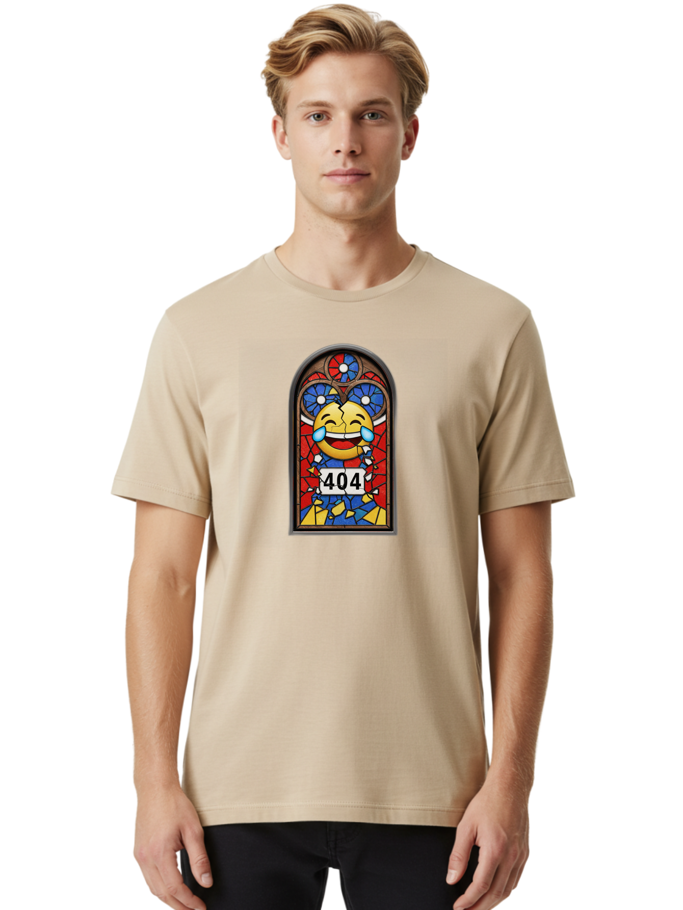 404-Emoji-Stained-Glass Men'S Graphic Tee, 100% Cotton, Comfortable Casual Summer Wear, Machine Washable, Stained Glass Window, Crying Laughing Emoji, Broken Glass, 404 Error, Humorous Design, Playful Art, Digital Illustration, Baa070 24