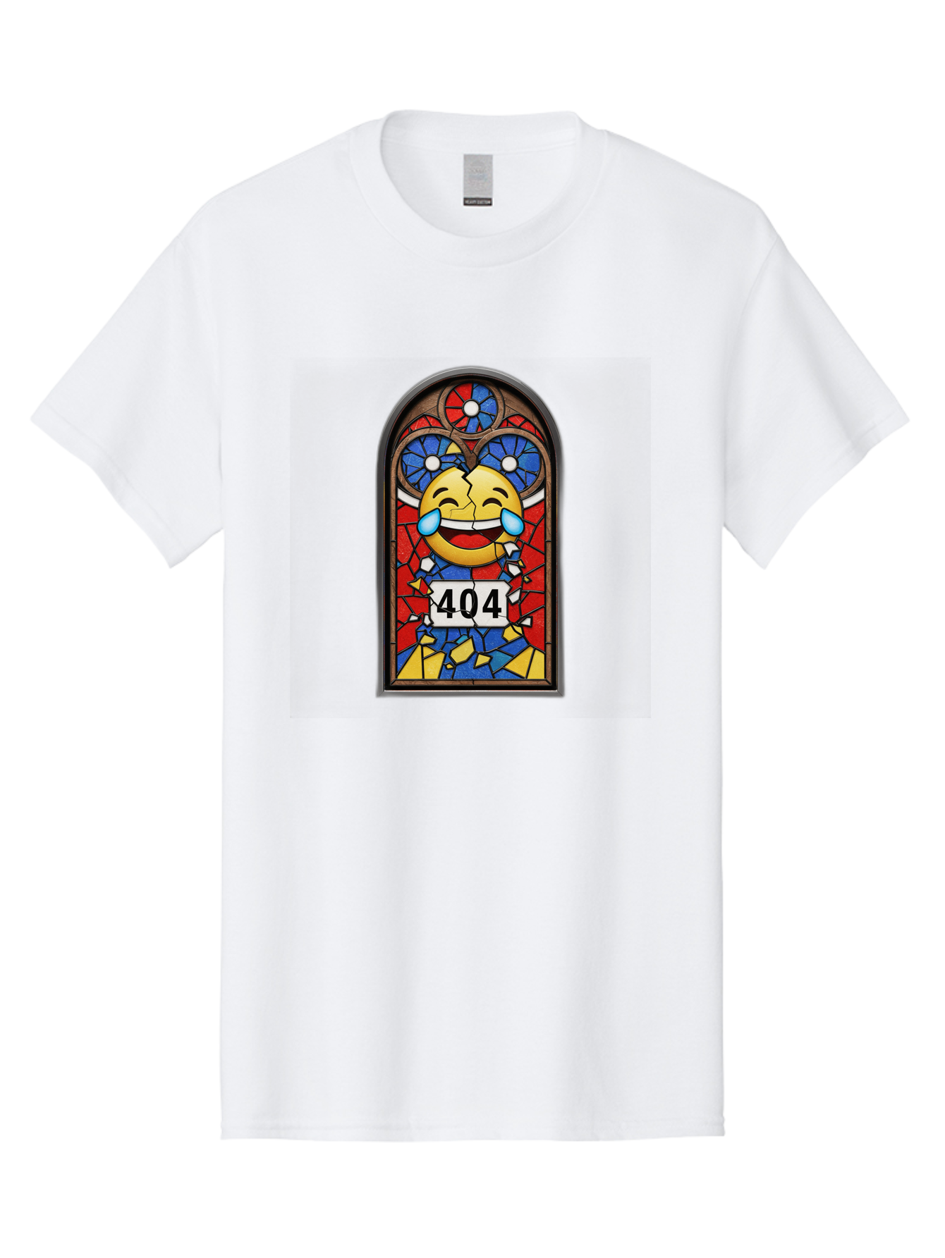404-Emoji-Stained-Glass Men'S Graphic Tee, 100% Cotton, Comfortable Casual Summer Wear, Machine Washable, Stained Glass Window, Crying Laughing Emoji, Broken Glass, 404 Error, Humorous Design, Playful Art, Digital Illustration, Baa070 17