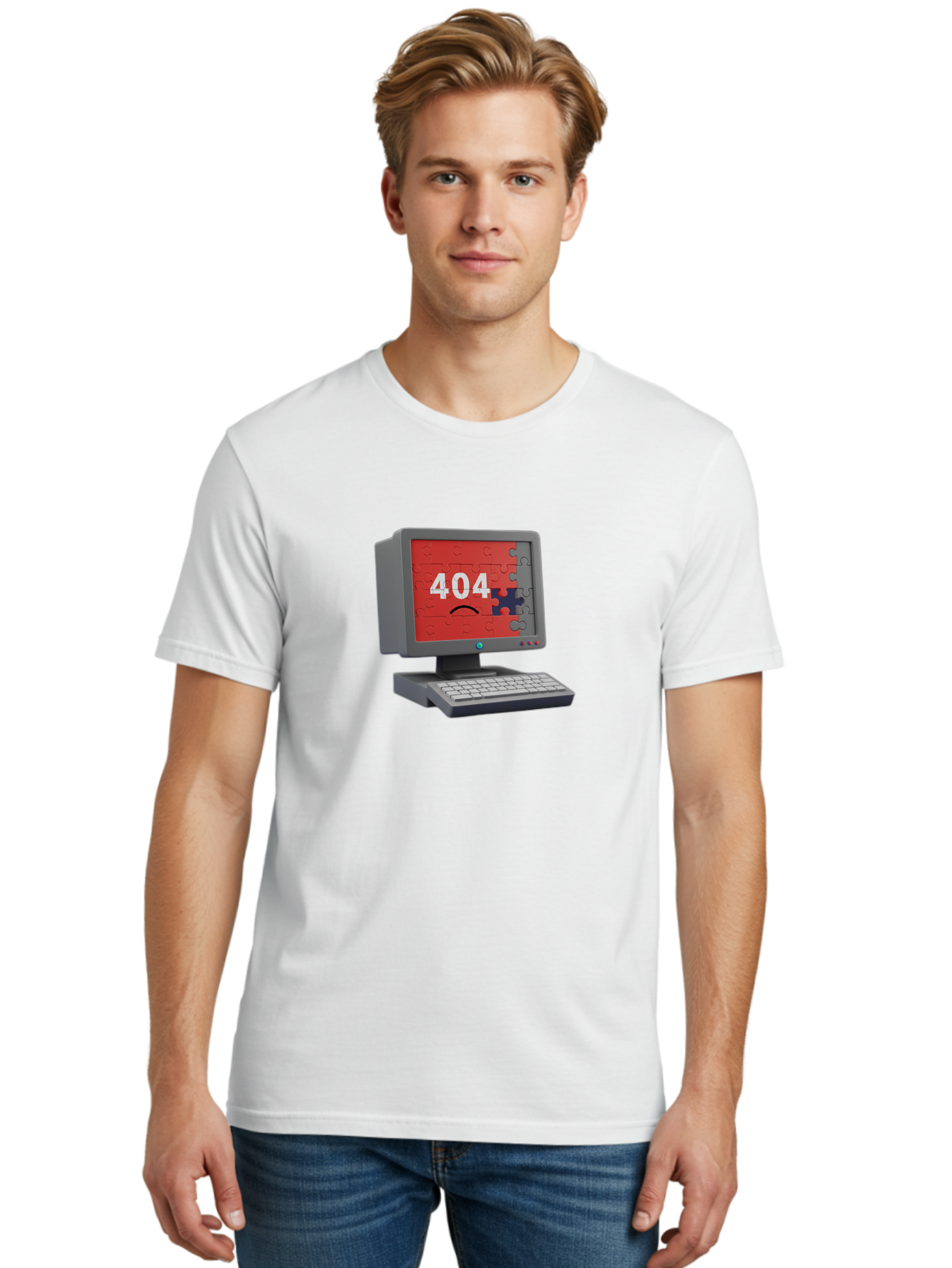 404-Error-11 Men'S Graphic Tee, 100% Cotton, Comfortable Casual Summer Wear, Machine Washable, Computer Monitor Displaying 404 Error, Jigsaw Puzzle Pieces, Error Message, Broken Screen, Technical Issue, Puzzle Pieces Falling Apart, Baa075 16