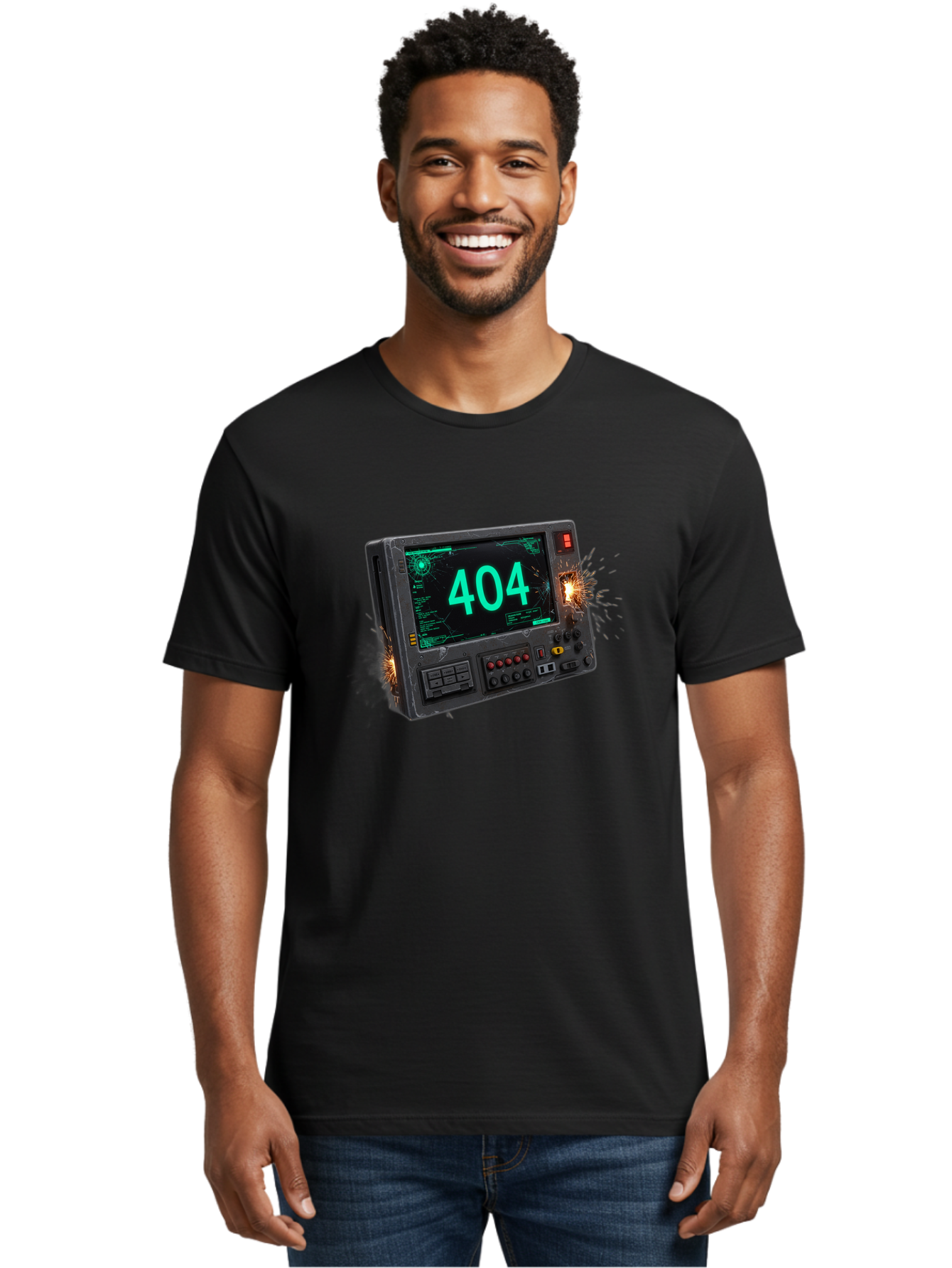 404-Error-Screen Men'S Graphic Tee, 100% Cotton, Comfortable Casual Summer Wear, Machine Washable, Error Message, 404, Computer Screen, Sparks Flying, Malfunctioning, Cyberpunk, Digital Glitches, Futuristic Technology, Error Code Baa091 24