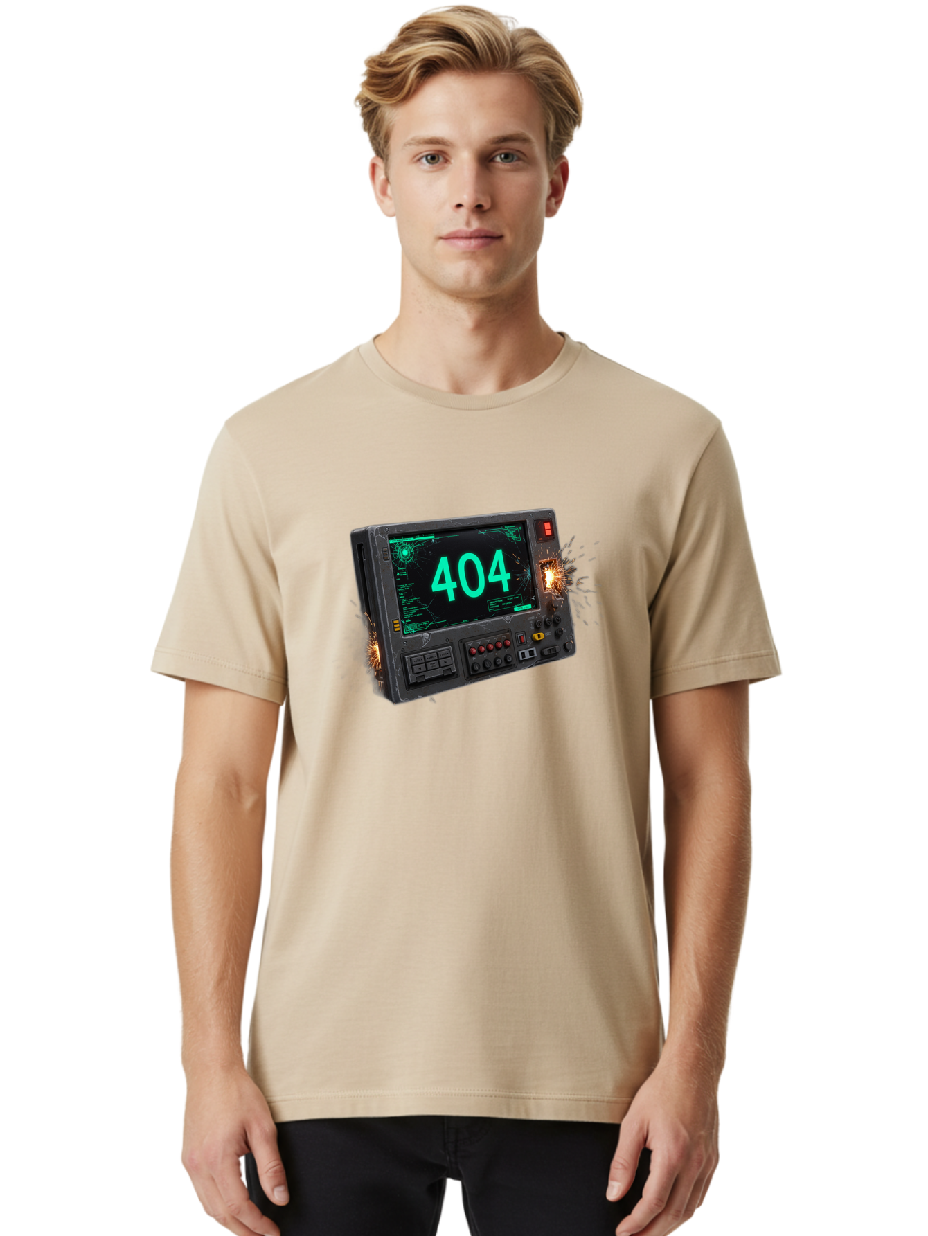 404-Error-Screen Men'S Graphic Tee, 100% Cotton, Comfortable Casual Summer Wear, Machine Washable, Error Message, 404, Computer Screen, Sparks Flying, Malfunctioning, Cyberpunk, Digital Glitches, Futuristic Technology, Error Code Baa091 22