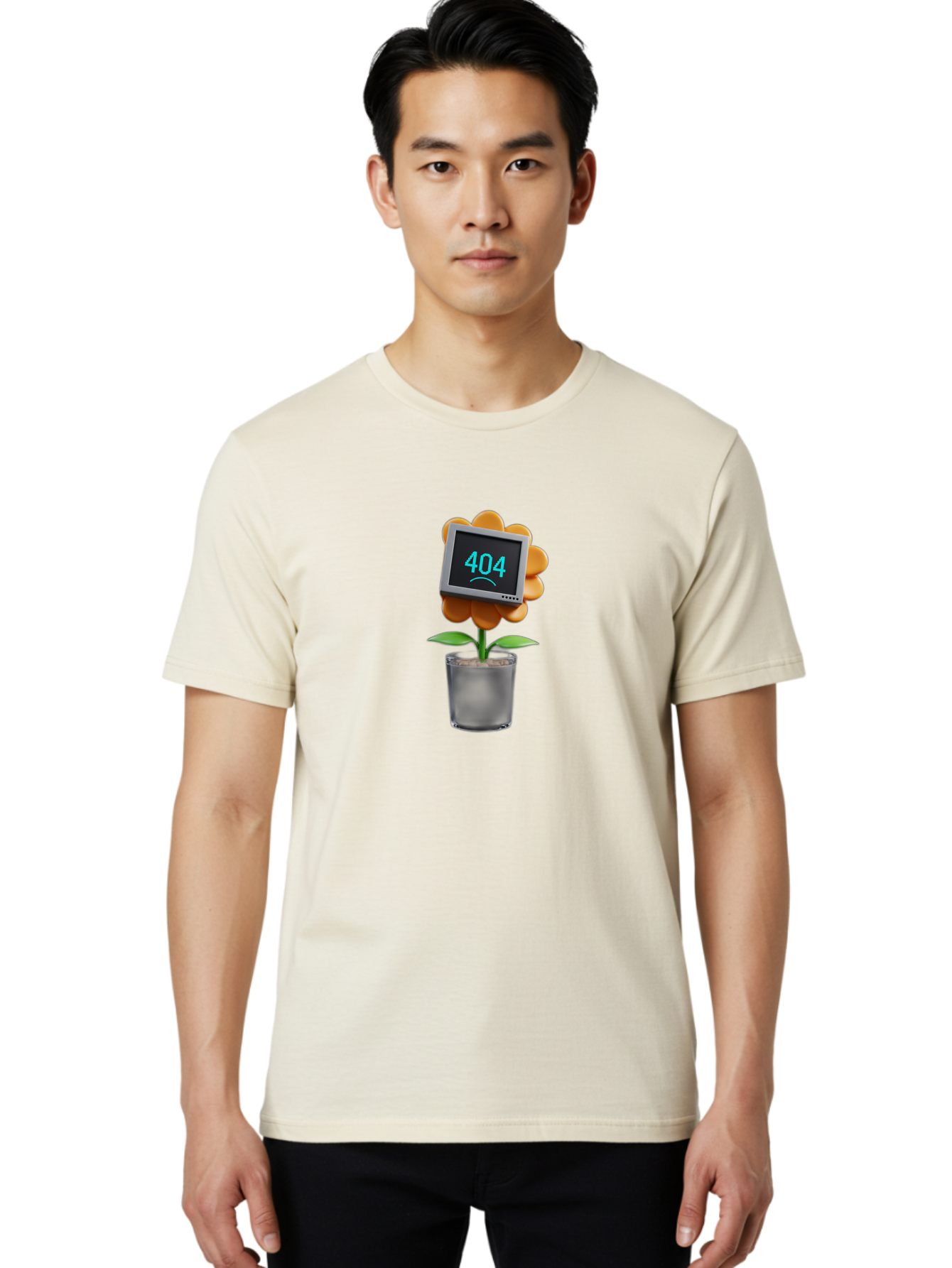404-Flower Men'S Graphic Tee, 100% Cotton, Comfortable Casual Summer Wear, Machine Washable, Error Message, 404 Page Not Found, Orange Flower, Pot, Screen Display, Sad Face, Technology Glitch, Digital Error, Web Page Issue Baa094 24