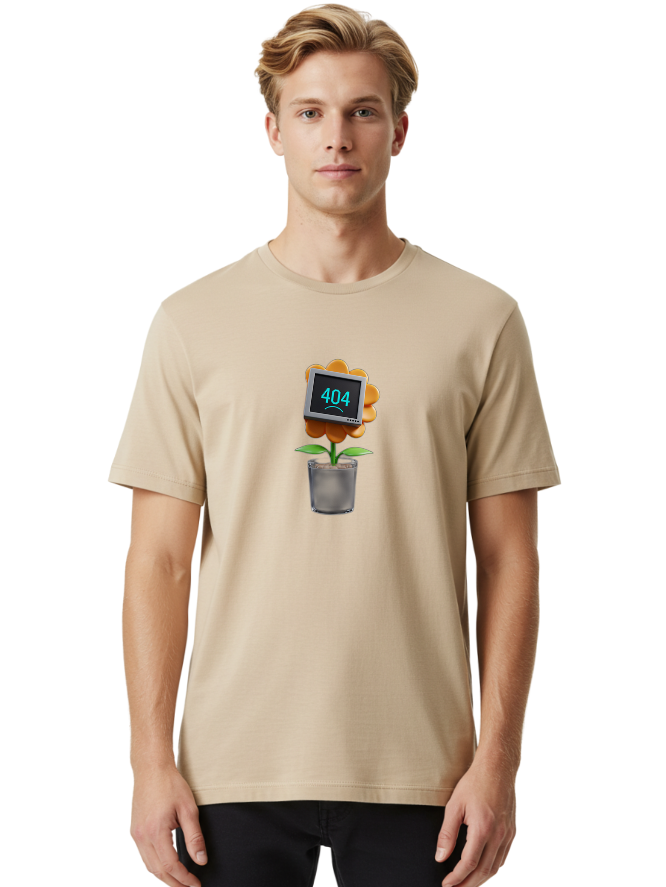 404-Flower Men'S Graphic Tee, 100% Cotton, Comfortable Casual Summer Wear, Machine Washable, Error Message, 404 Page Not Found, Orange Flower, Pot, Screen Display, Sad Face, Technology Glitch, Digital Error, Web Page Issue Baa094 12