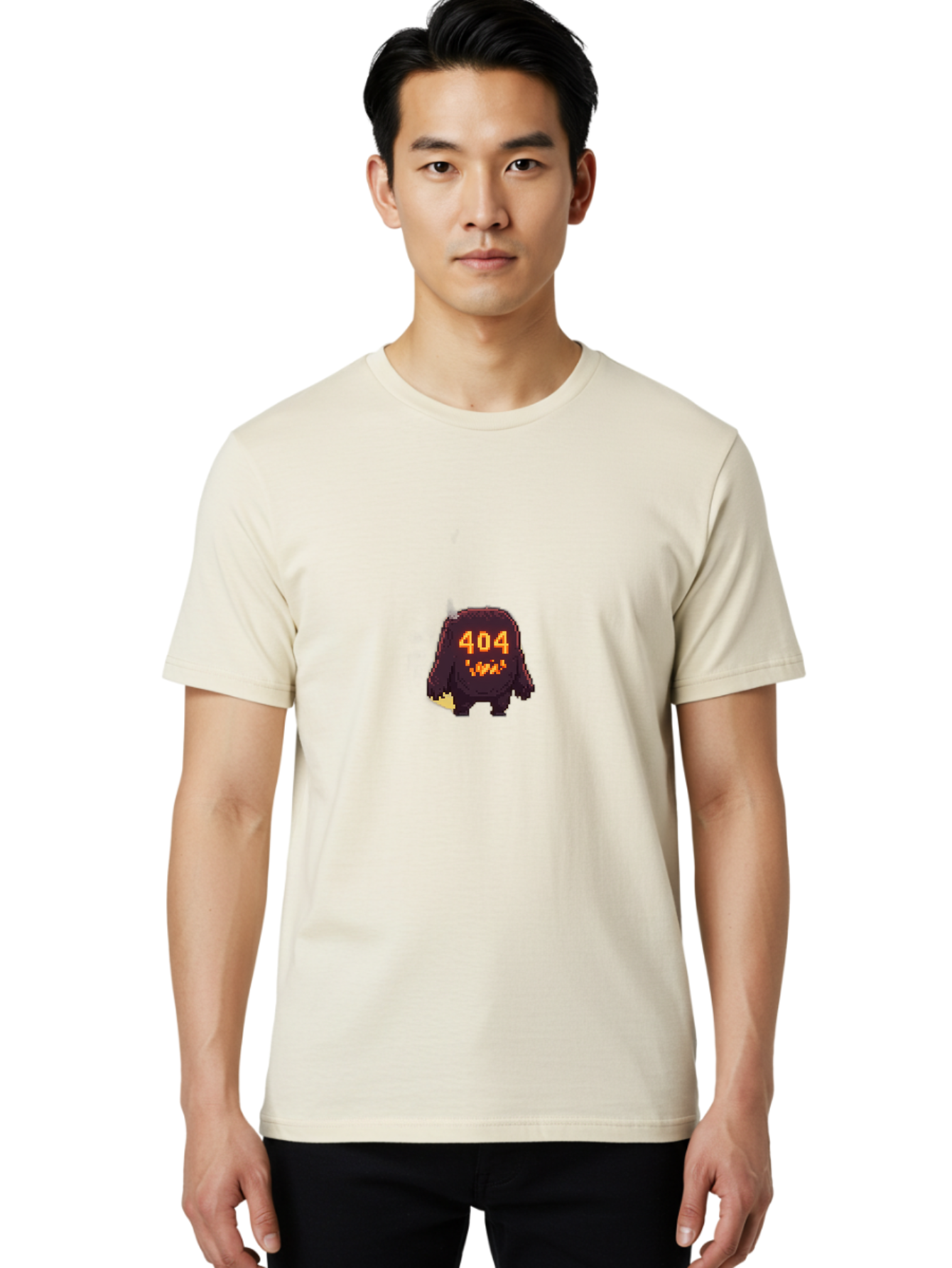 404-Monster-1 Men'S Graphic Tee, 100% Cotton, Comfortable Casual Summer Wear, Machine Washable, Pixel Art Monster, Error Message, 404 Error, Broken Link, Creepy Creature, Digital Art, Halloween Theme, Orange Glow, Dark Creature Baa098 24