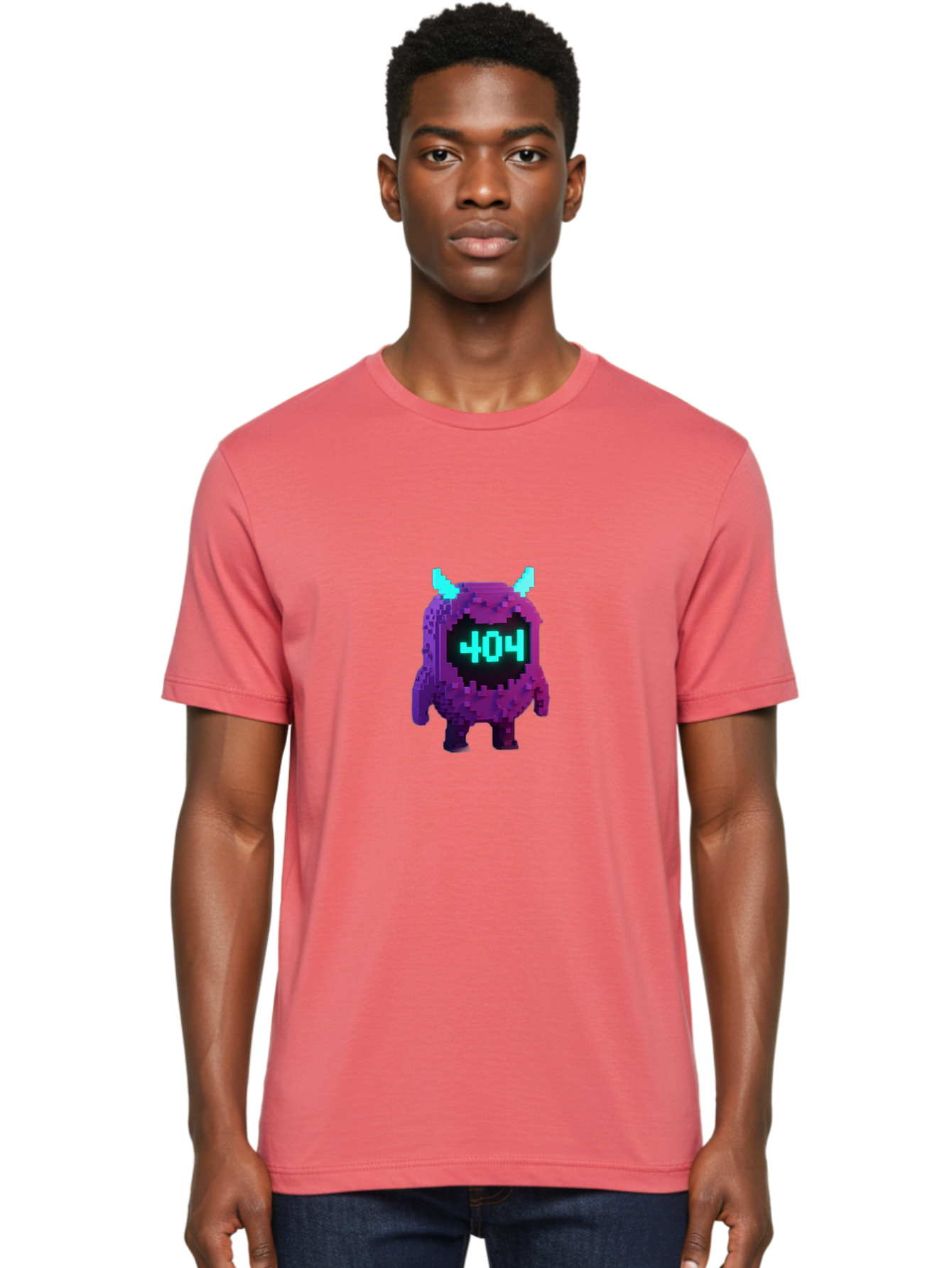 404-Monster-3 Men'S Graphic Tee, 100% Cotton, Comfortable Casual Summer Wear, Machine Washable, Pixel Art Monster, 404 Error, Digital Creature, Purple Monster, Blue Horns, Error Page, Glitchy Graphics, 8-Bit Style, Retro Gaming Baa100 28