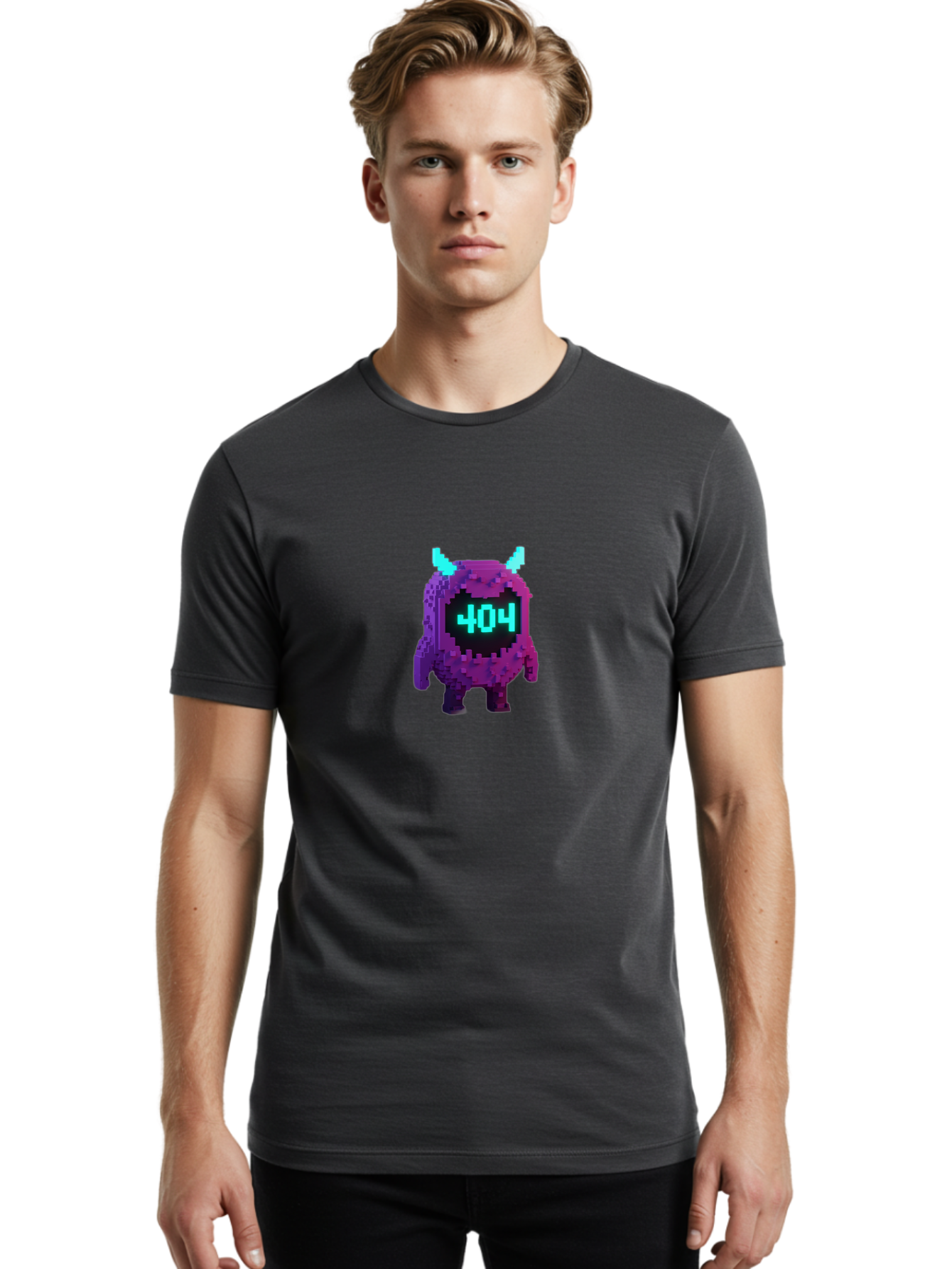 404-Monster-3 Men'S Graphic Tee, 100% Cotton, Comfortable Casual Summer Wear, Machine Washable, Pixel Art Monster, 404 Error, Digital Creature, Purple Monster, Blue Horns, Error Page, Glitchy Graphics, 8-Bit Style, Retro Gaming Baa100 30