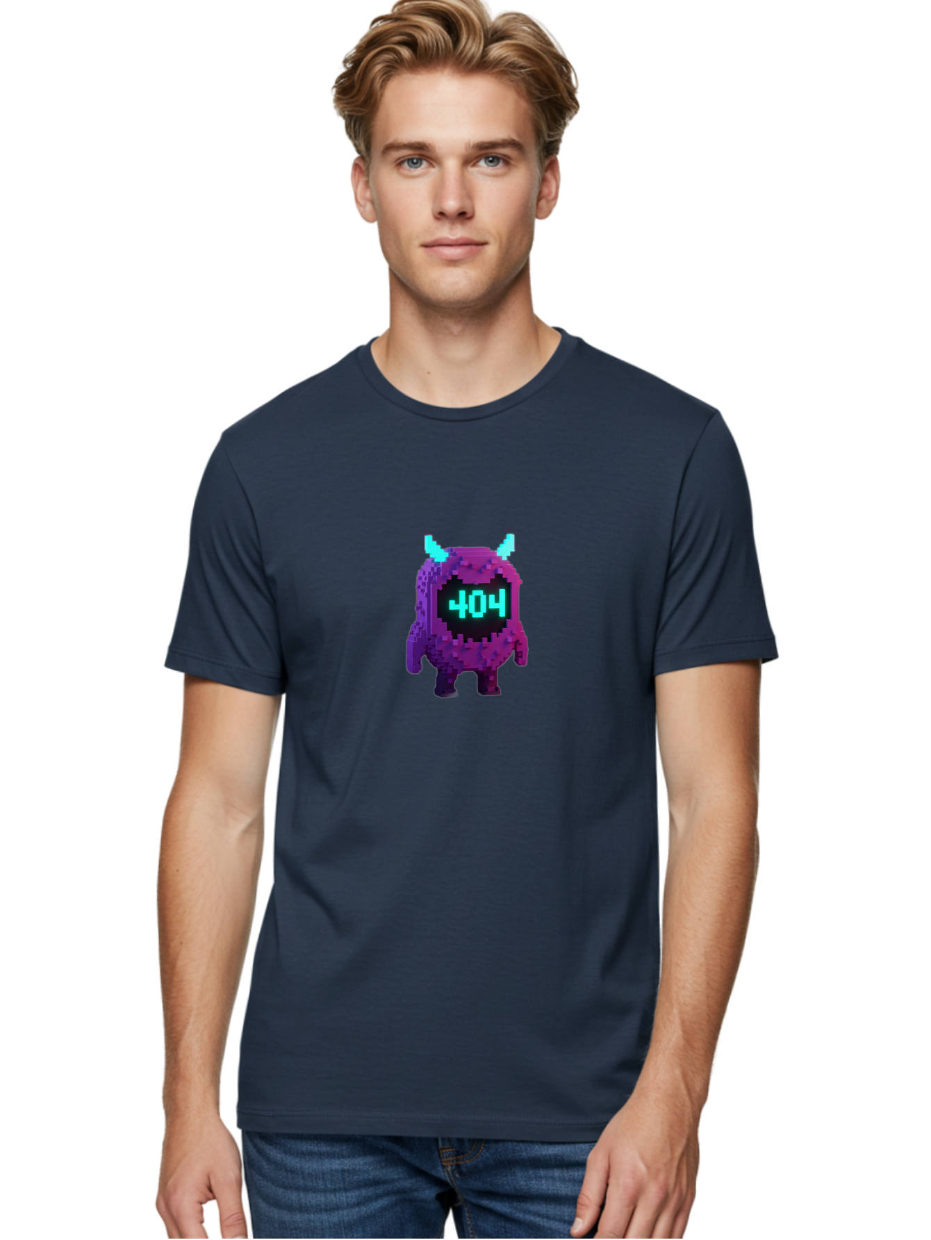 404-Monster-3 Men'S Graphic Tee, 100% Cotton, Comfortable Casual Summer Wear, Machine Washable, Pixel Art Monster, 404 Error, Digital Creature, Purple Monster, Blue Horns, Error Page, Glitchy Graphics, 8-Bit Style, Retro Gaming Baa100 8