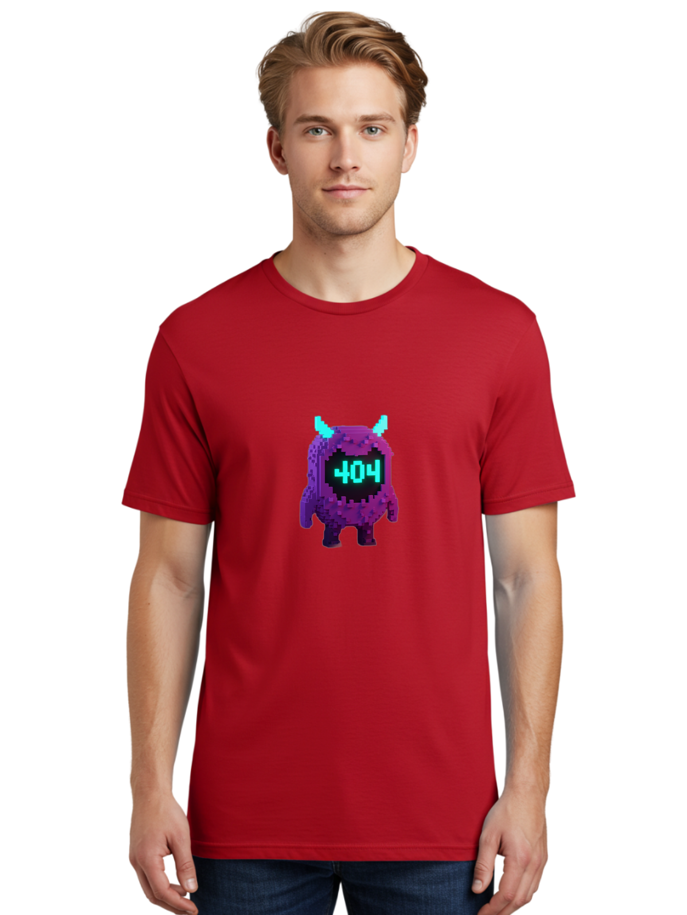 404-Monster-3 Men'S Graphic Tee, 100% Cotton, Comfortable Casual Summer Wear, Machine Washable, Pixel Art Monster, 404 Error, Digital Creature, Purple Monster, Blue Horns, Error Page, Glitchy Graphics, 8-Bit Style, Retro Gaming Baa100 24
