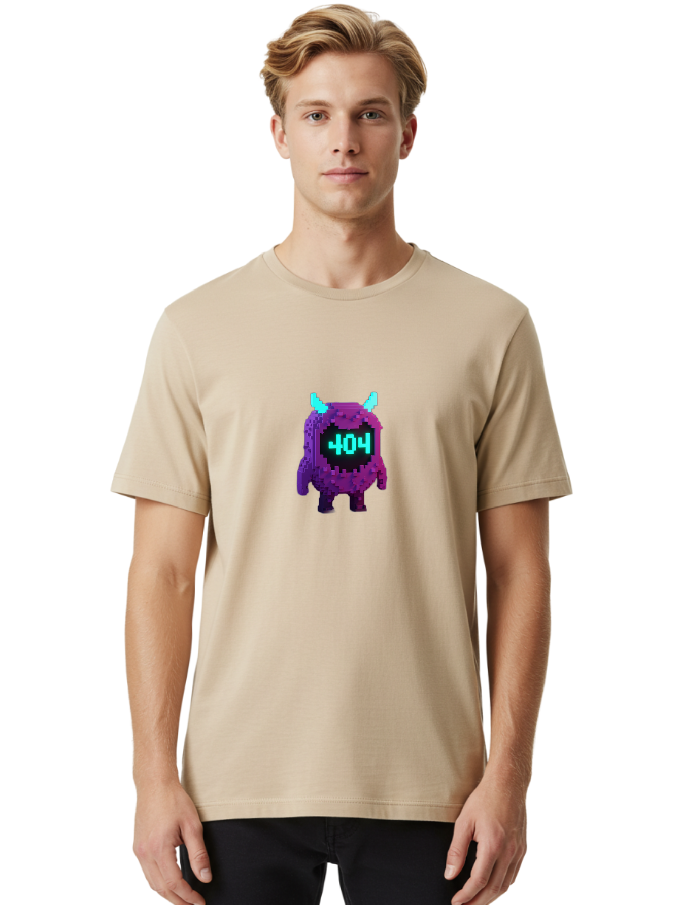 404-Monster-3 Men'S Graphic Tee, 100% Cotton, Comfortable Casual Summer Wear, Machine Washable, Pixel Art Monster, 404 Error, Digital Creature, Purple Monster, Blue Horns, Error Page, Glitchy Graphics, 8-Bit Style, Retro Gaming Baa100 12