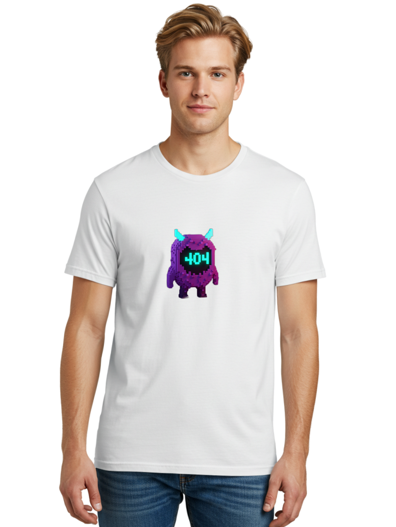 404-Monster-3 Men'S Graphic Tee, 100% Cotton, Comfortable Casual Summer Wear, Machine Washable, Pixel Art Monster, 404 Error, Digital Creature, Purple Monster, Blue Horns, Error Page, Glitchy Graphics, 8-Bit Style, Retro Gaming Baa100 26