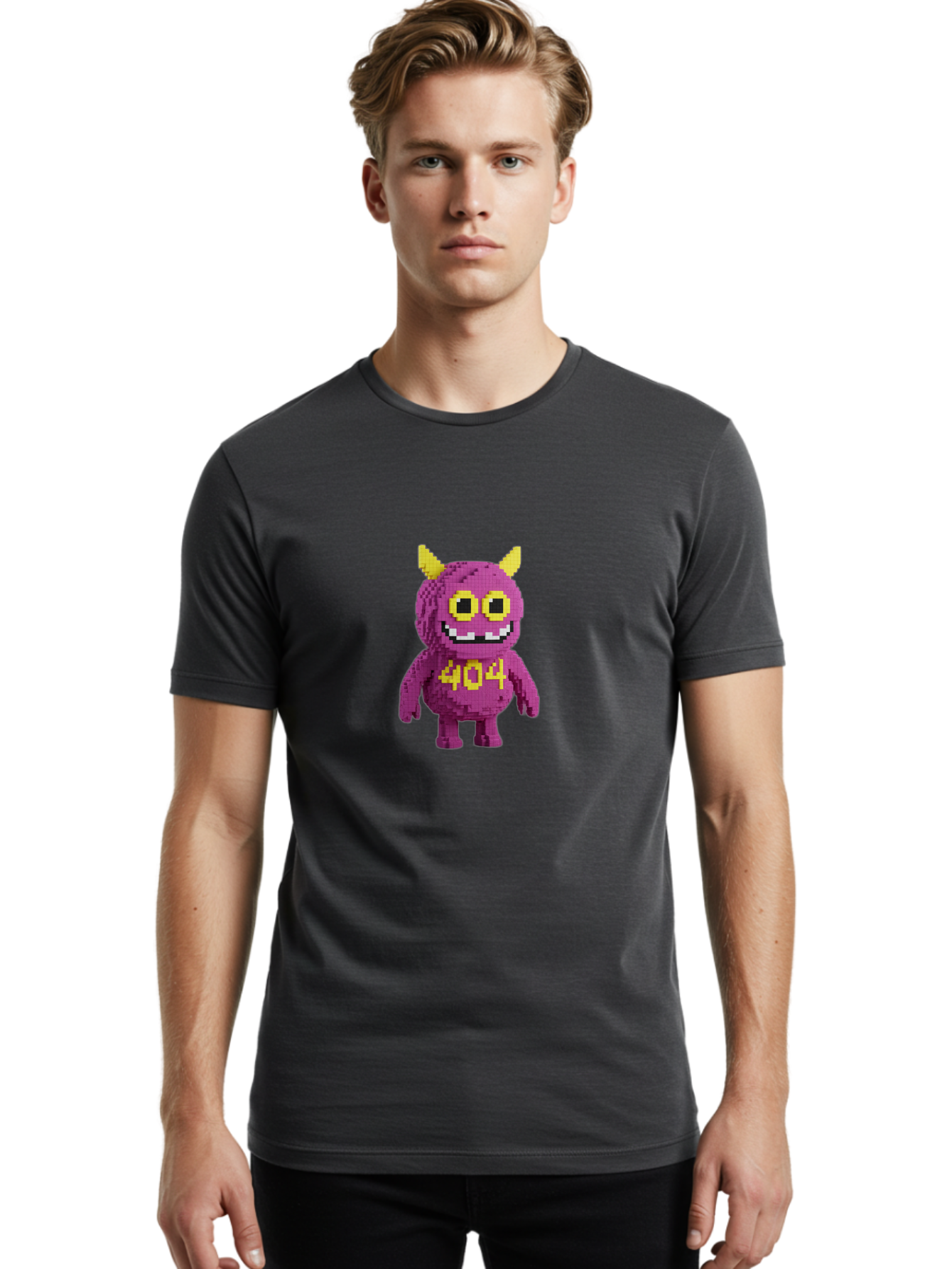 404-Monster-4 Men'S Graphic Tee, 100% Cotton, Comfortable Casual Summer Wear, Machine Washable, Pixel Art Monster, Purple Creature, Yellow Horns, 404 Error, Cartoon Character, Funny Design, Web Error Icon, Cute Pixel Monster, Digital Art, Baa101 6